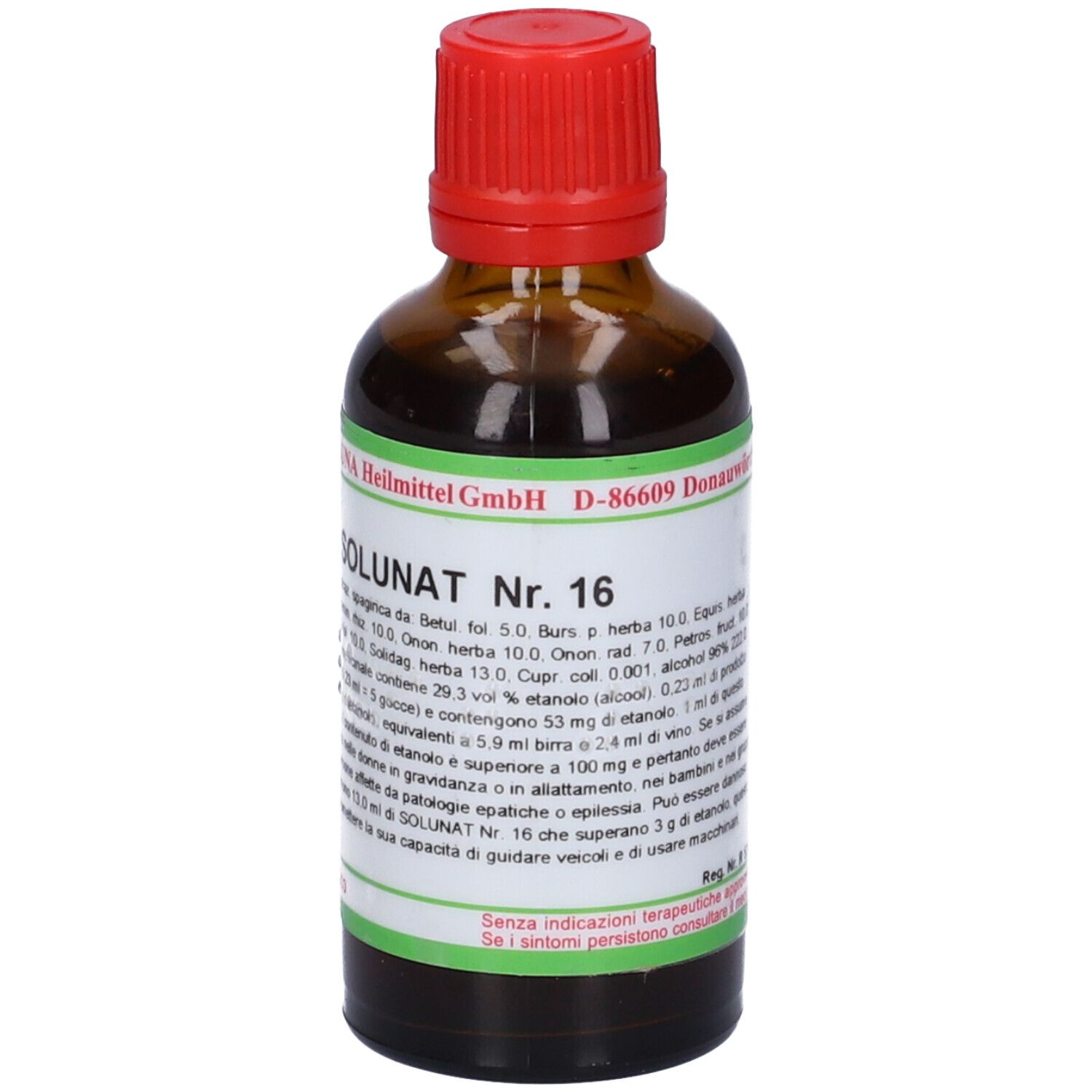 Flacone di vetro marrone con tappo rosso. Etichetta con nome del prodotto e ingredienti. SOLUNA Heilmittel GmbH.