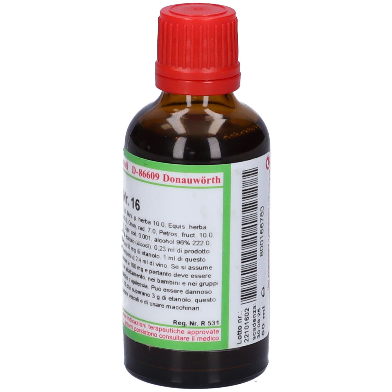 Flacone di vetro marrone con tappo rosso. Etichetta con nome del prodotto e ingredienti. SOLUNA Heilmittel GmbH.