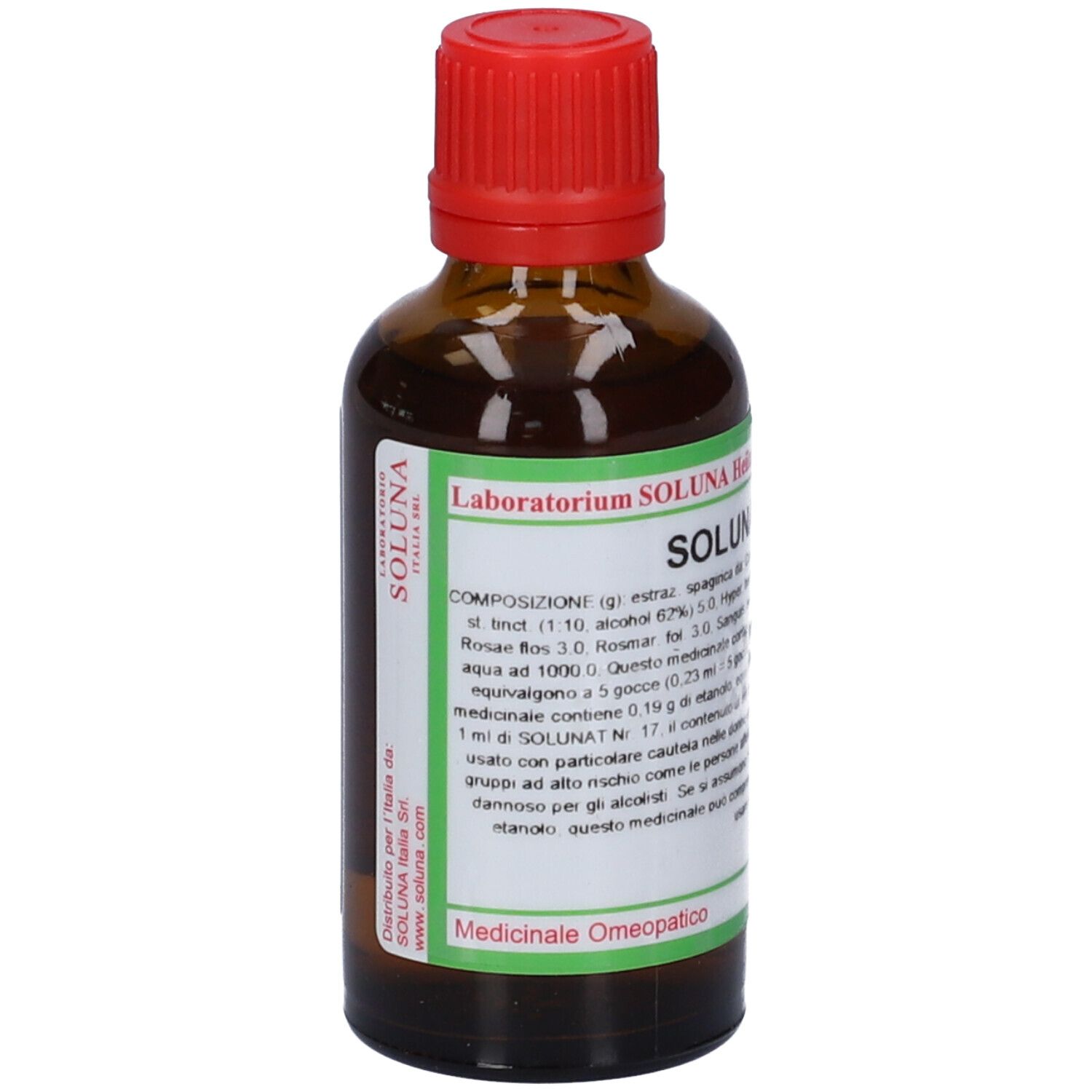 Flacone di vetro marrone con tappo rosso. Etichetta con nome del prodotto e ingredienti. Testo verde e bianco.