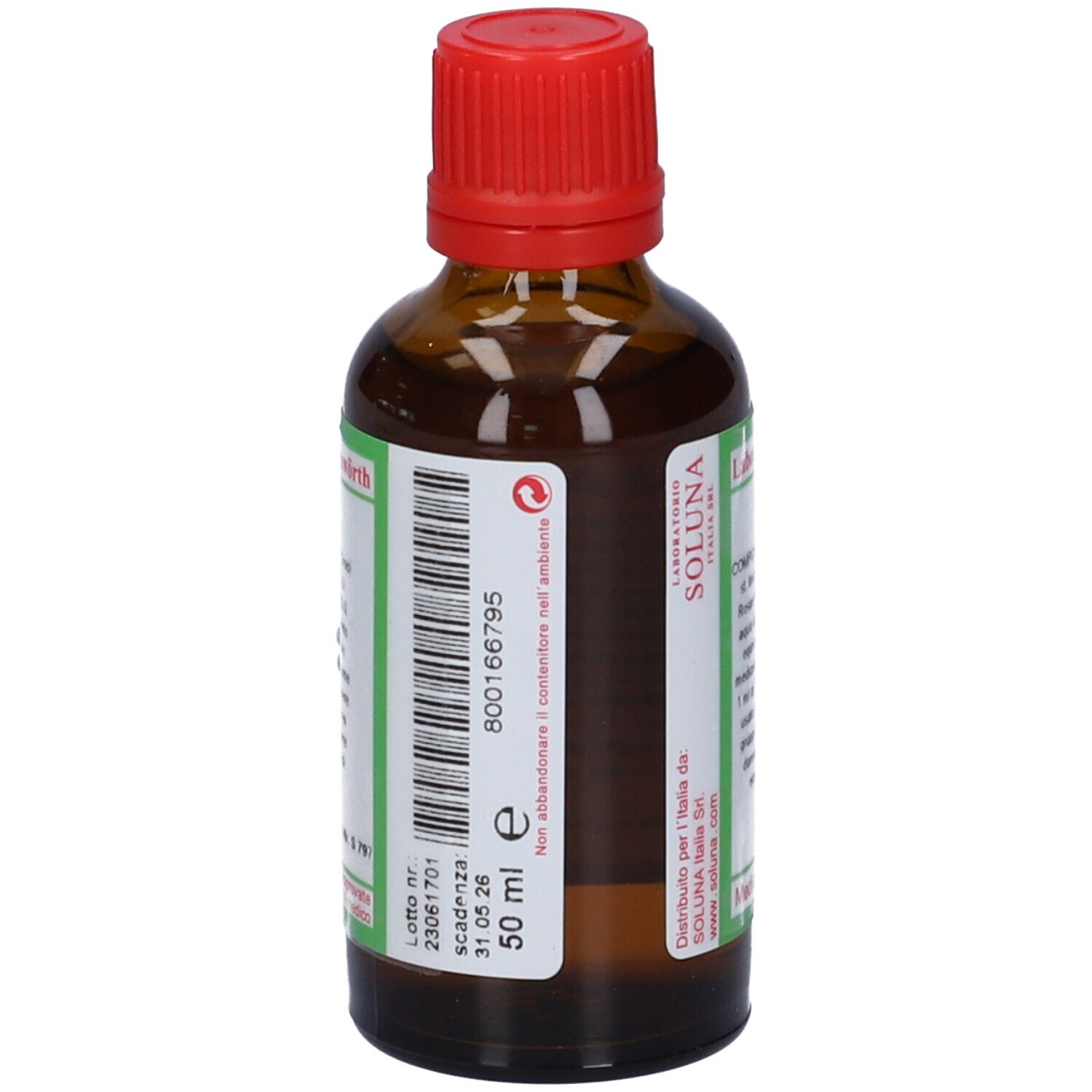 Flacone di vetro marrone con tappo rosso. Etichetta con nome del prodotto e ingredienti. Testo verde e bianco.