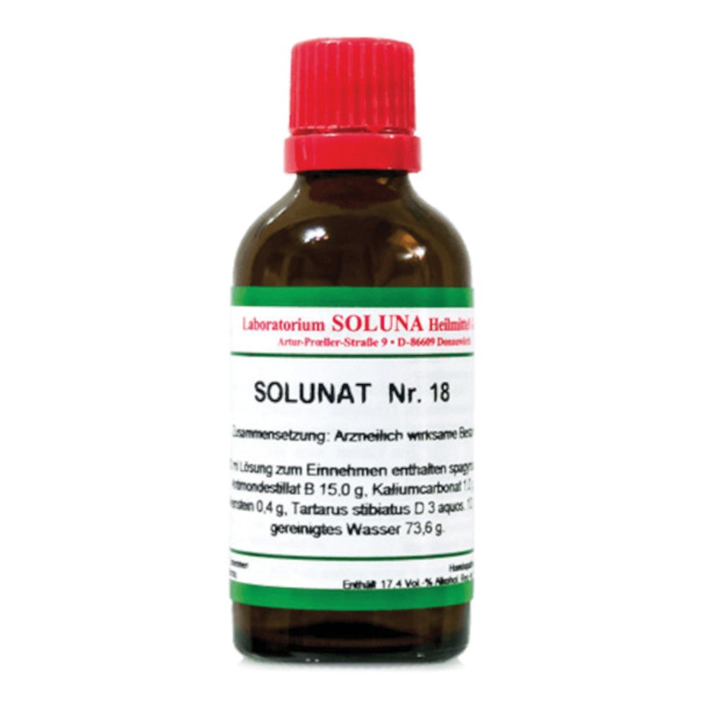 Flacone di vetro marrone con tappo rosso. Scritta: SOLUNAT Nr. 18. Etichetta verde con informazioni sul prodotto.