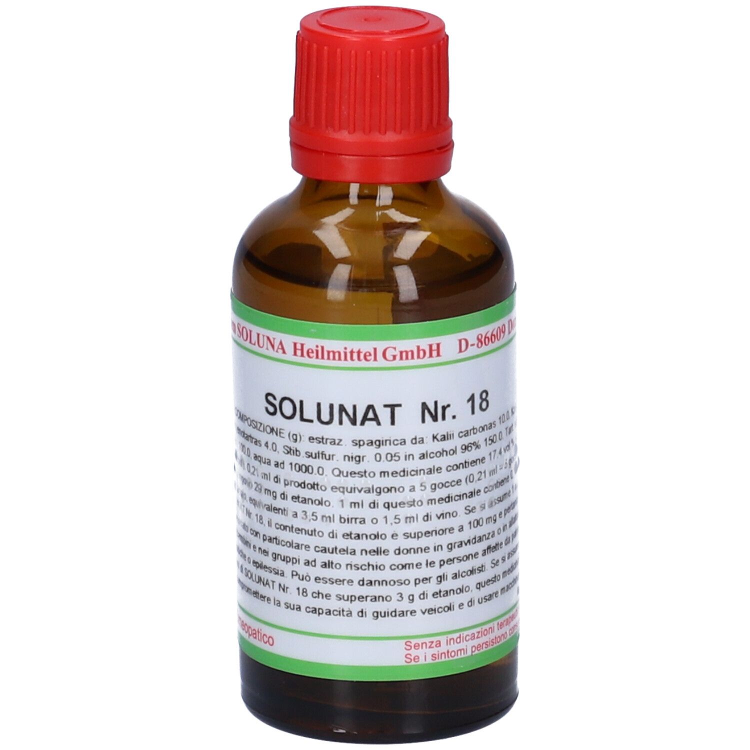 Flacone di vetro marrone con tappo rosso. Scritta: SOLUNAT Nr. 18. Etichetta verde con informazioni sul prodotto.