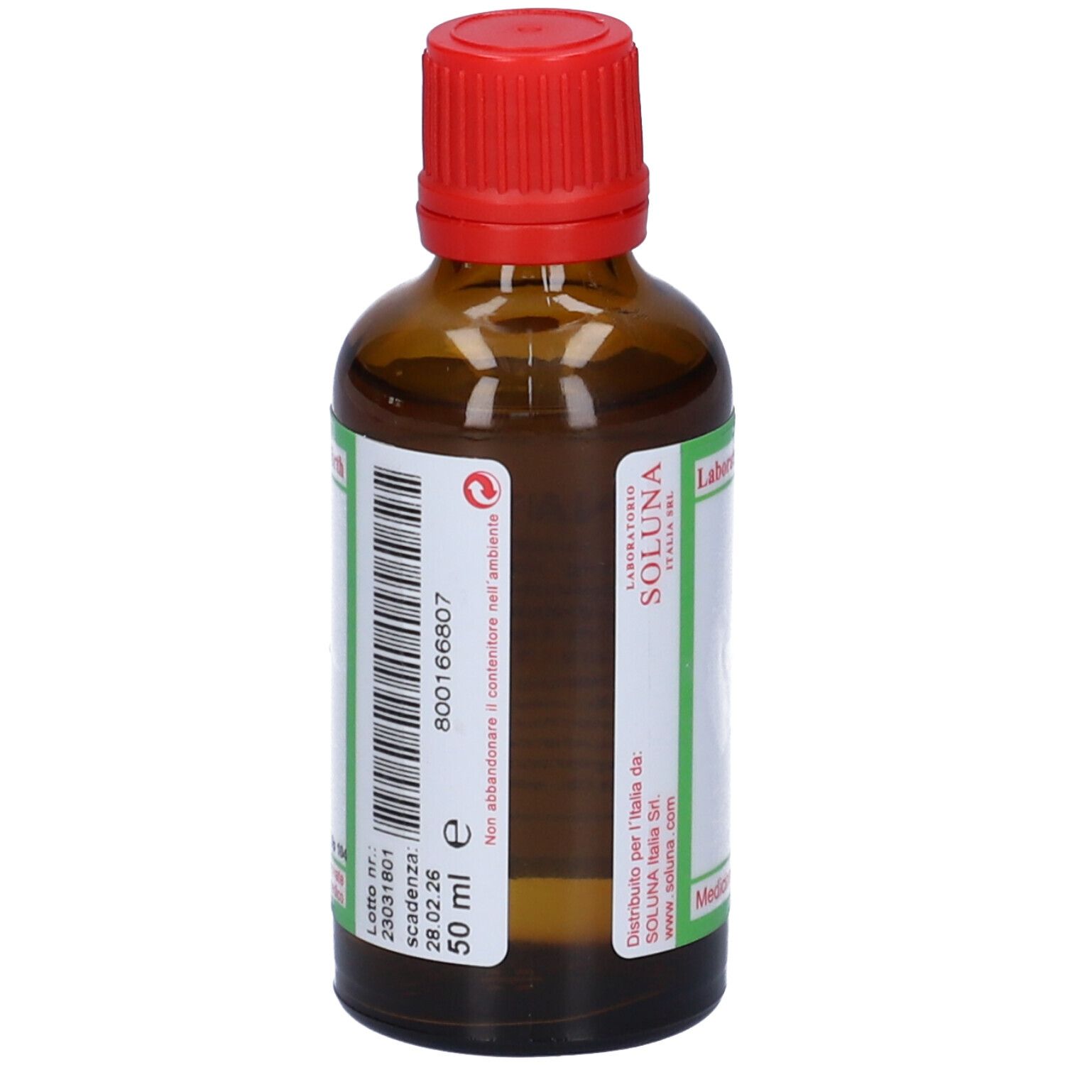Flacone di vetro marrone con tappo rosso. Scritta: SOLUNAT Nr. 18. Etichetta verde con informazioni. 50 ml.