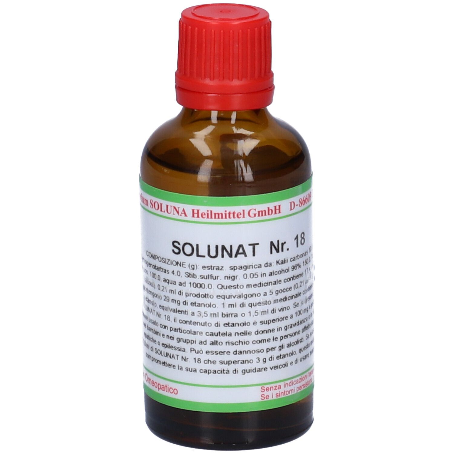 Flacone di vetro marrone con tappo rosso. Scritta: SOLUNAT Nr. 18. Etichetta verde con informazioni sul prodotto.