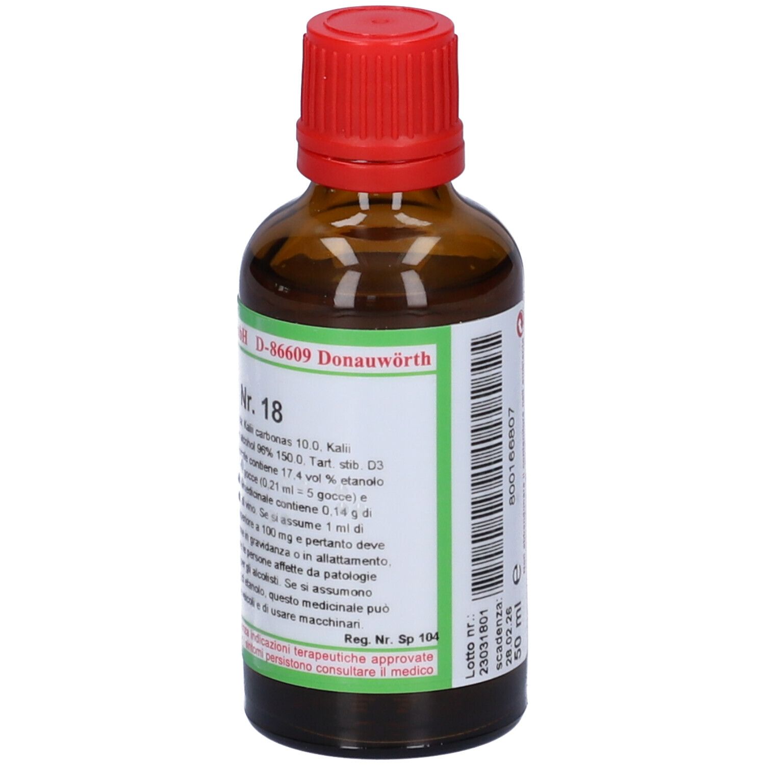 Flacone di vetro marrone con tappo rosso. Scritta: SOLUNAT Nr. 18. Etichetta verde con informazioni. 50 ml.