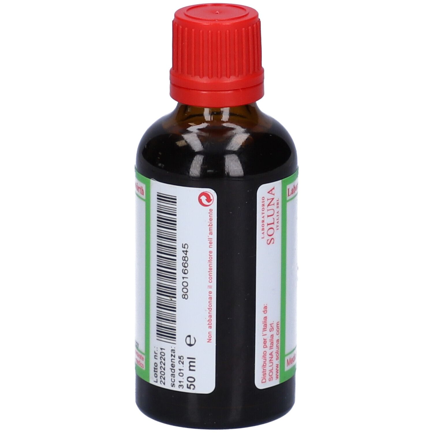 Flacone di vetro marrone con tappo rosso. Etichetta con SOLUNAT Nr. 22 e informazioni. Etichetta verde e bianca.