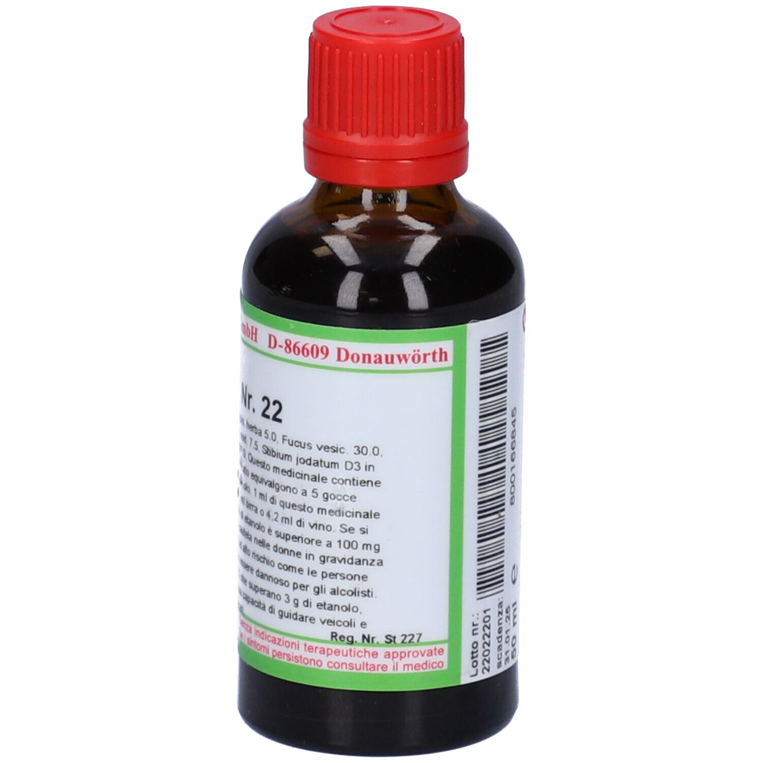 Flacone di vetro marrone con tappo rosso. Etichetta con SOLUNAT Nr. 22 e informazioni. Etichetta verde e bianca.