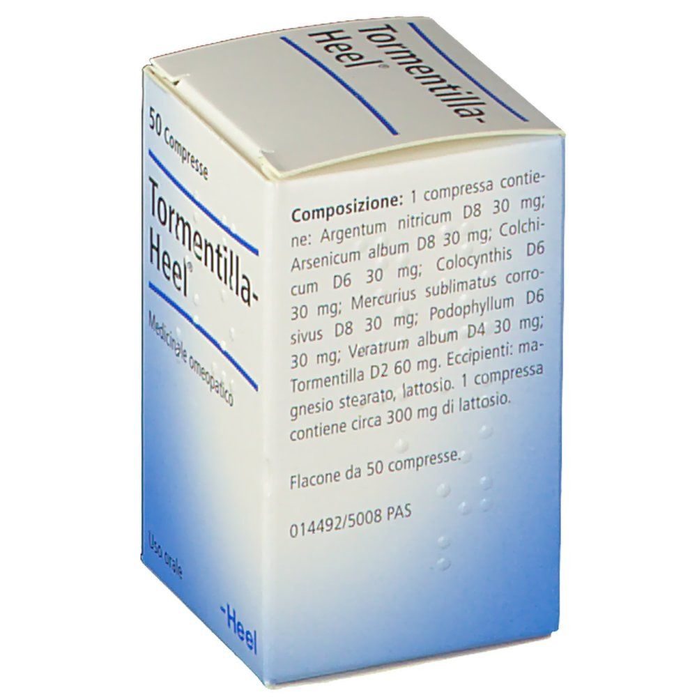 Retro della scatola "Tormentilla-Heel". Contiene ingredienti e informazioni sul dosaggio in italiano.