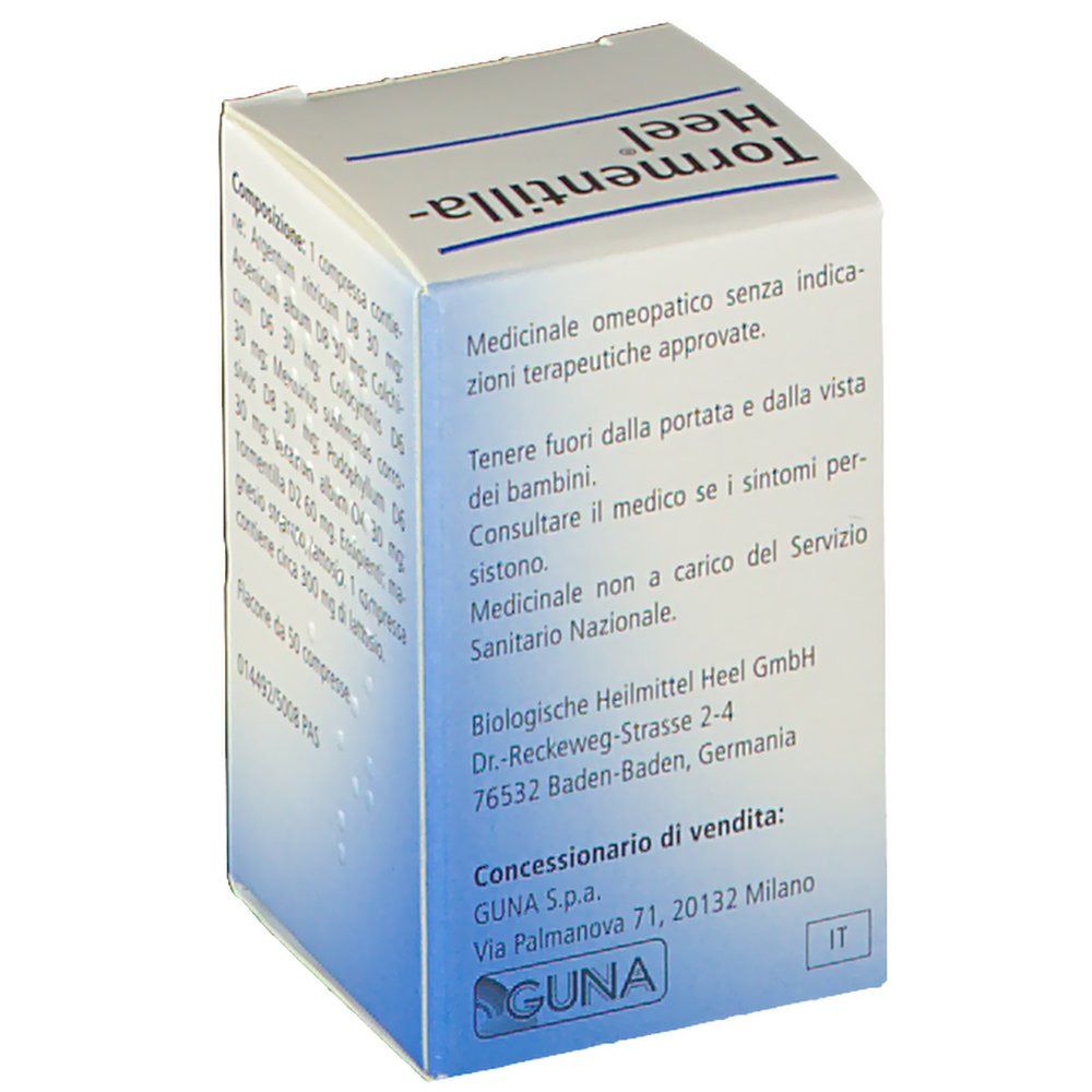 Vista laterale della scatola "Tormentilla-Heel". Testo in italiano, indirizzo del produttore e logo.