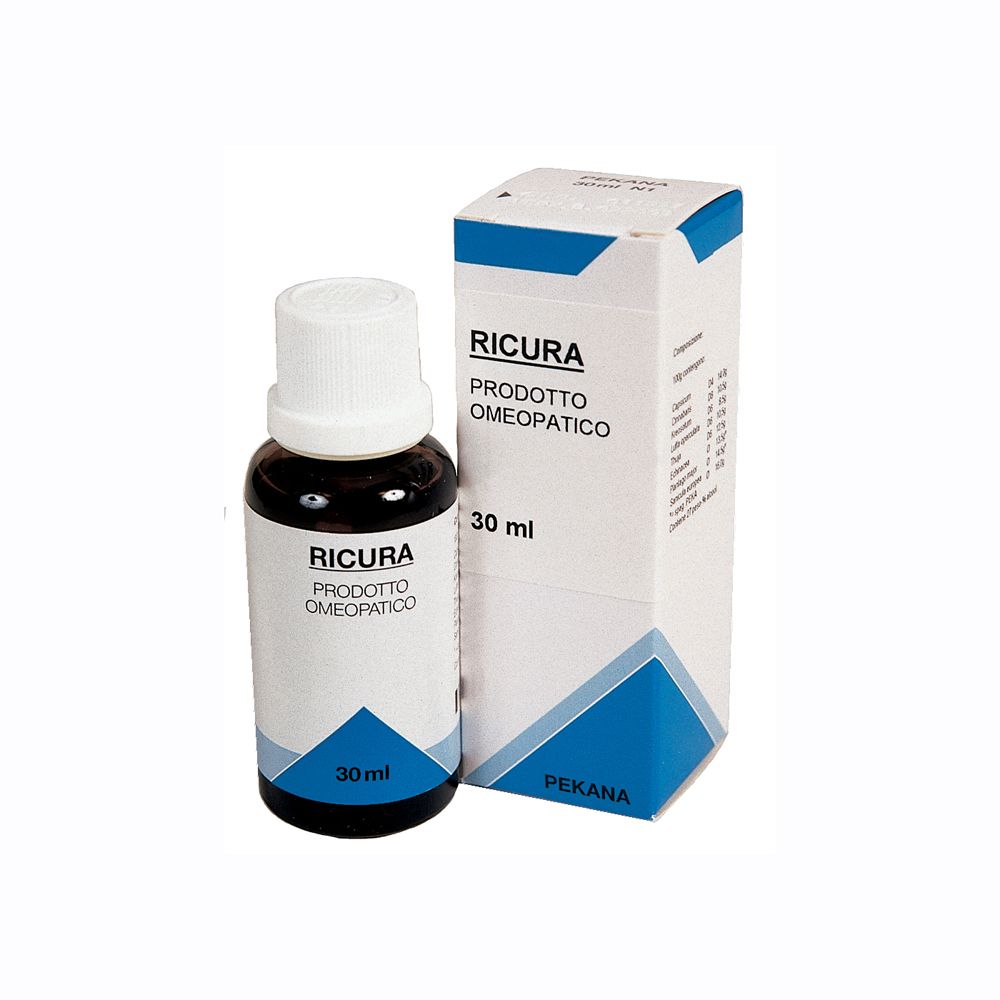 Flacone di vetro marrone con tappo bianco e scatola. Scritta: Ricura, 30 ml, prodotto omeopatico.