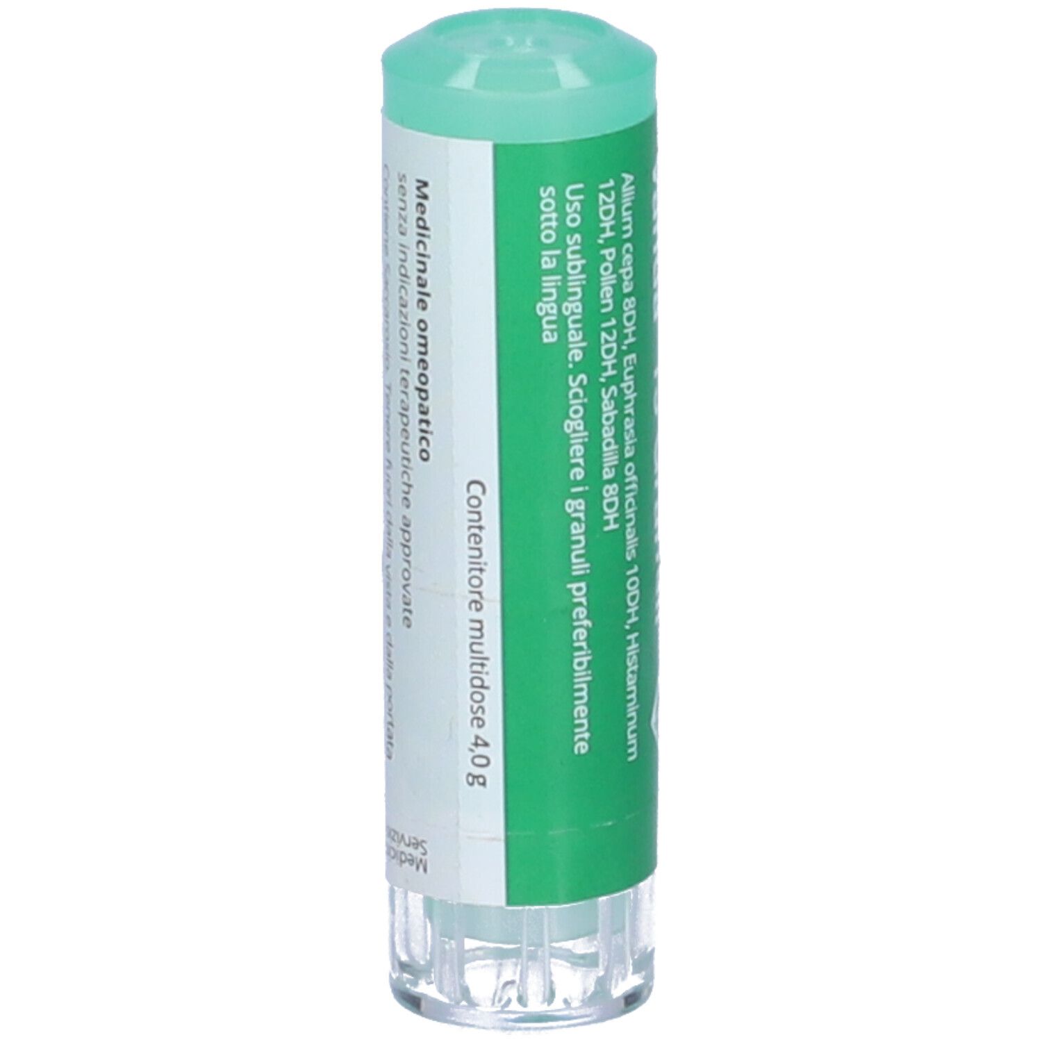 Confezione cilindrica con tappo verde. Scritta: Medicinale omeopatico. Contenuto 4,0 g. Istruzioni in italiano.