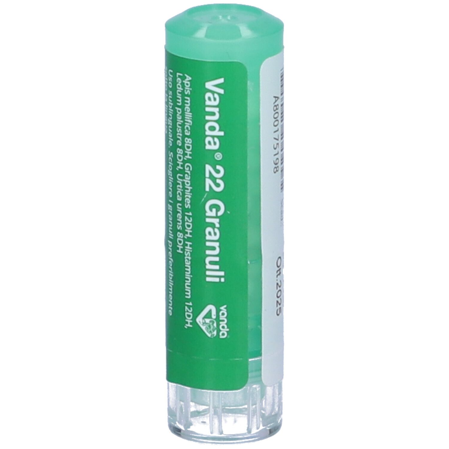 Confezione cilindrica verde con etichetta bianca. Scritta: Vanda 22 Granuli. Contiene ingredienti omeopatici.