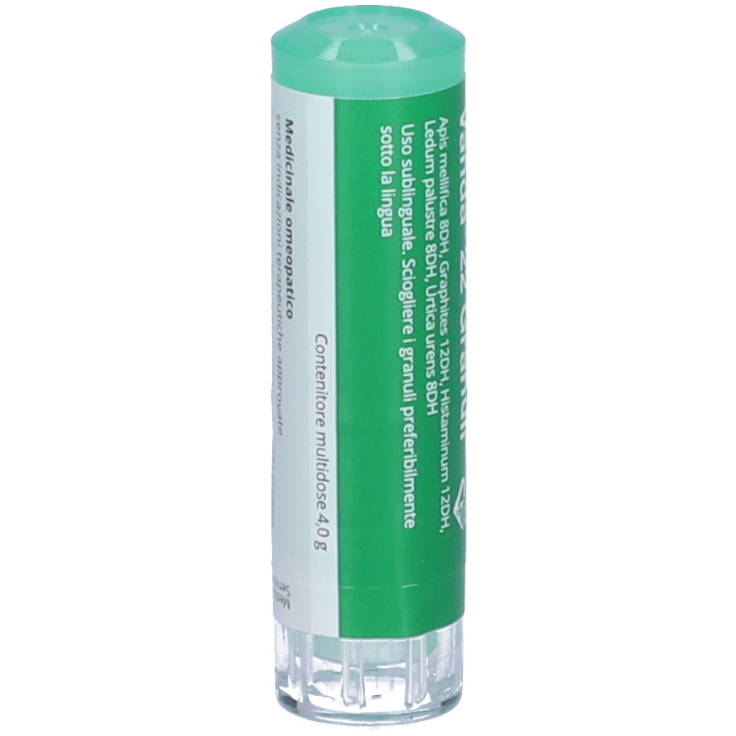 Confezione cilindrica verde con etichetta bianca. Scritta: Medicinale omeopatico. Contiene 4,0 g di granuli.