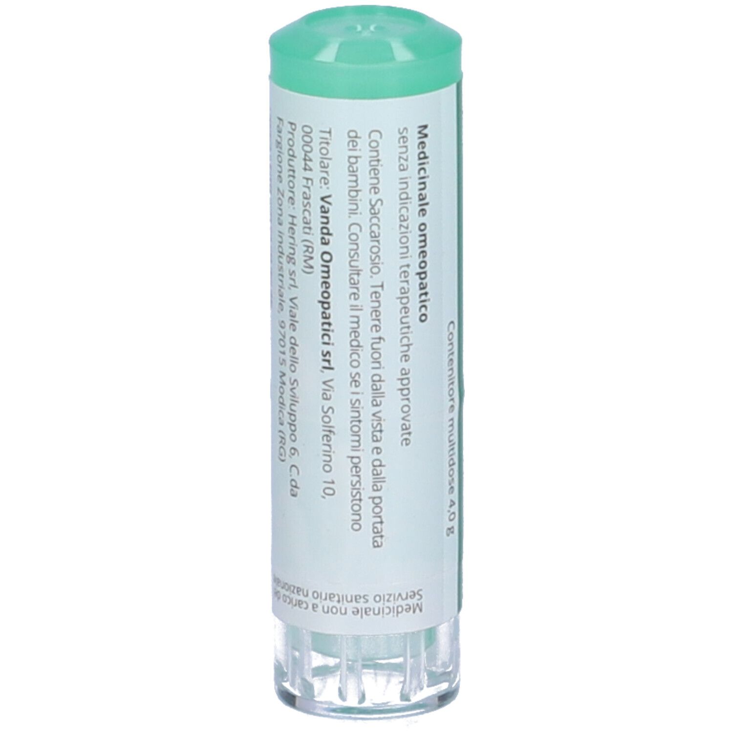 Confezione cilindrica verde con etichetta bianca. Scritta: Medicinale omeopatico. Contiene saccarosio. Tenere fuori dalla portata dei bambini.
