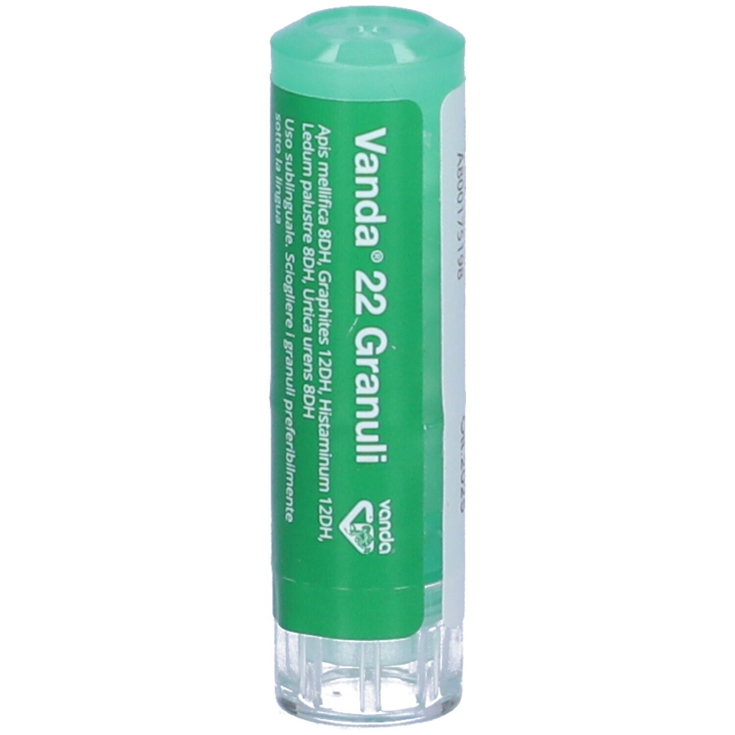 Confezione cilindrica verde con etichetta bianca. Scritta: Vanda 22 Granuli. Contiene ingredienti omeopatici.