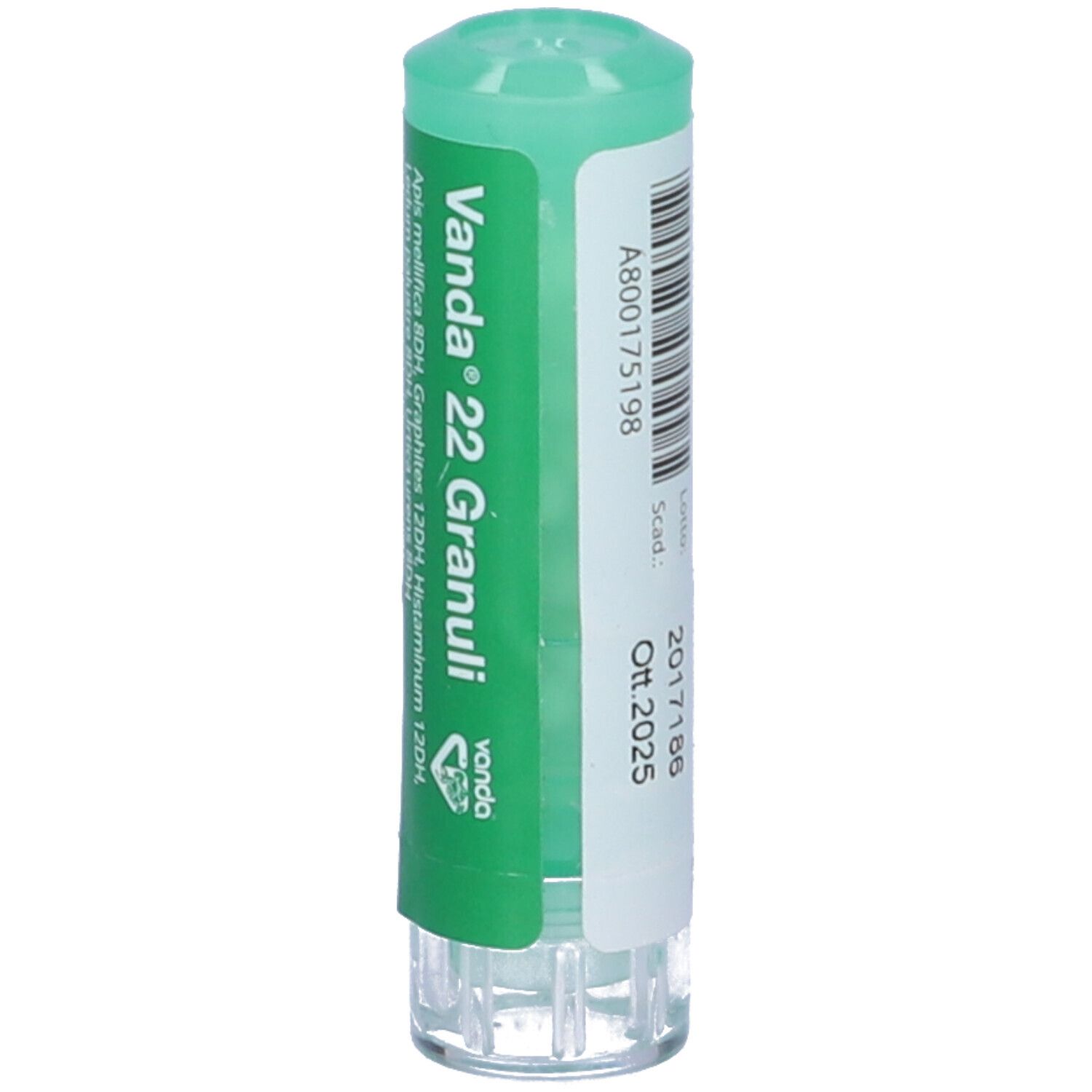 Confezione cilindrica verde con etichetta bianca. Scritta: Vanda 22 Granuli. Scadenza: Ott.2025.
