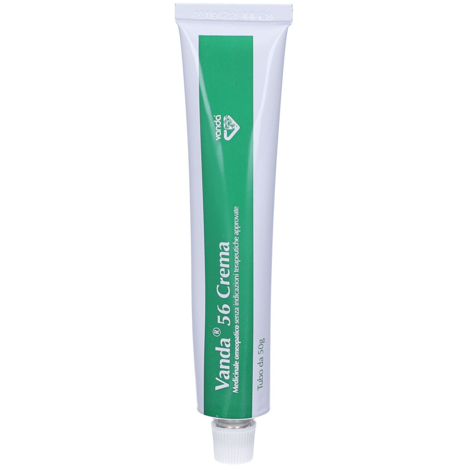 Tubo di crema bianco e verde. Scritta: Vanda 56 Crema. Contenuto: 50g. Medicinale omeopatico.