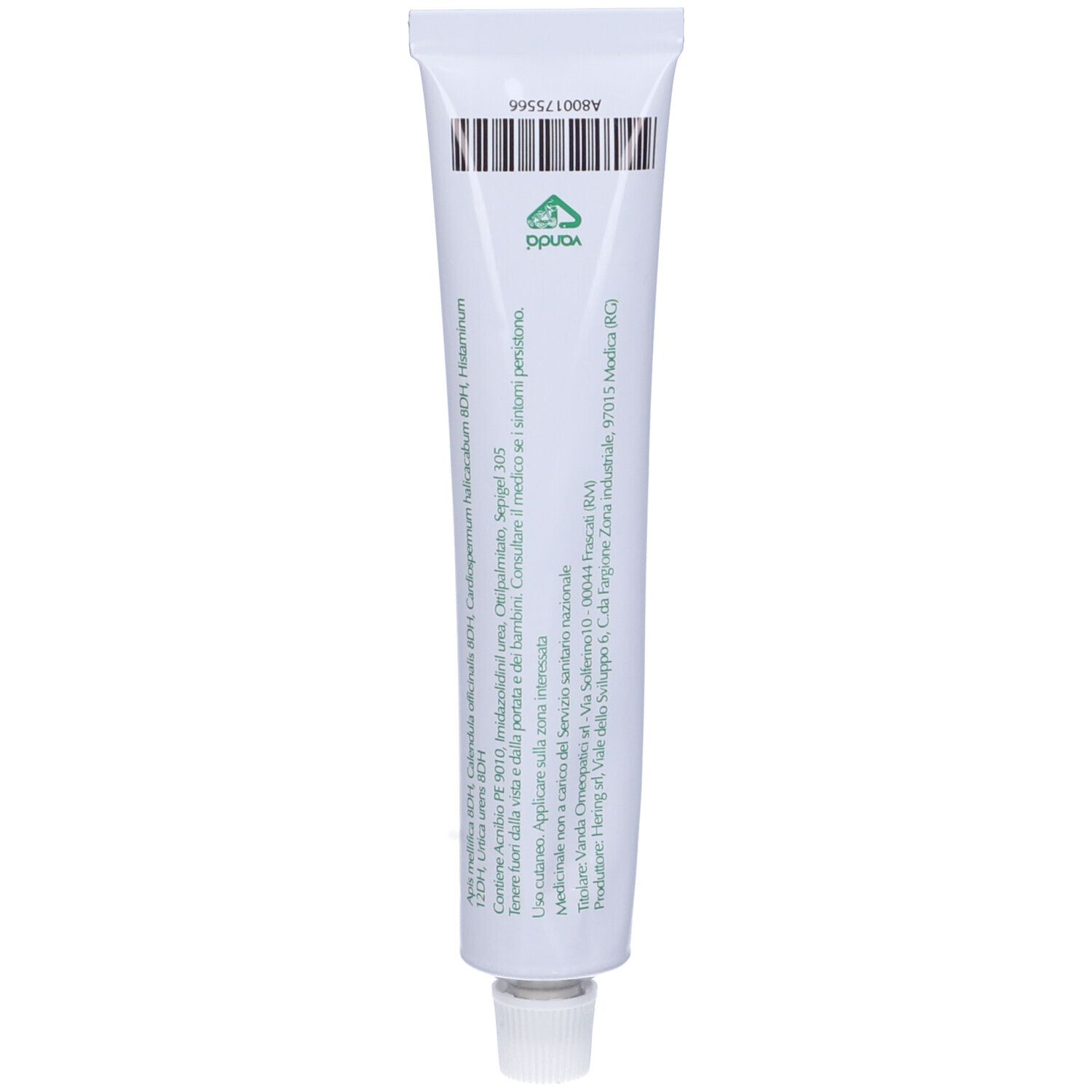 Retro del tubo di crema. Codice a barre e testo. Marchio: Vanda. Medicinale omeopatico.