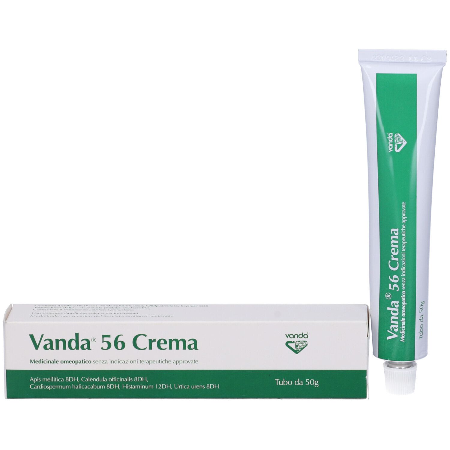 Tubo e scatola Vanda 56 Crema. Scatola con nome del prodotto e ingredienti. Tubo: 50g. Medicinale omeopatico.