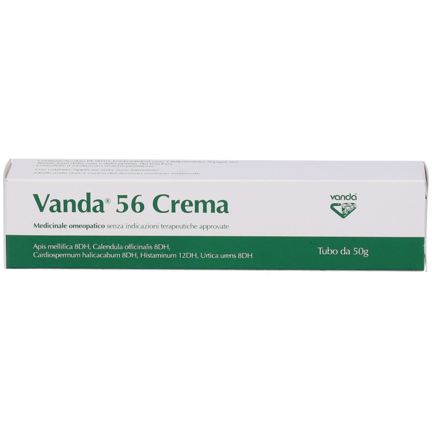 Scatola di Vanda 56 Crema. Nome del prodotto, ingredienti e testo. Contenuto: 50g. Medicinale omeopatico.