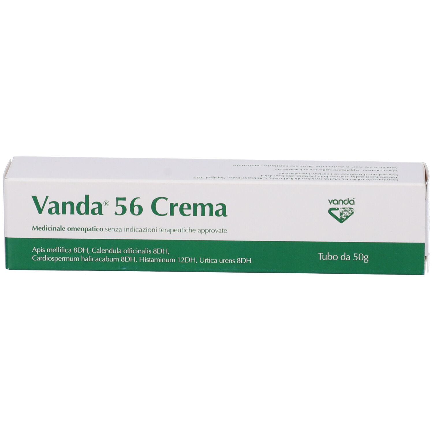Scatola di Vanda 56 Crema. Nome del prodotto, ingredienti e testo. Contenuto: 50g. Medicinale omeopatico.