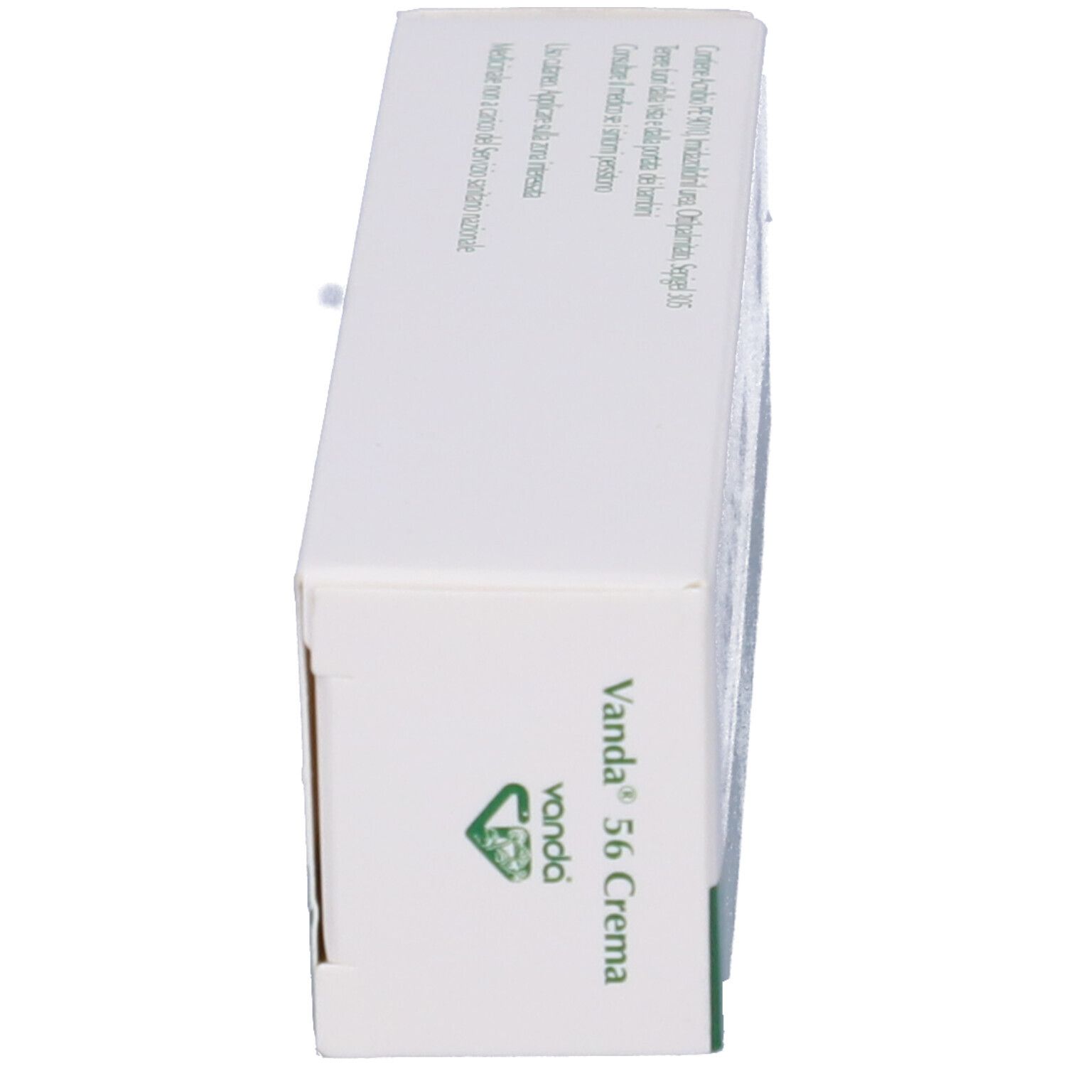 Scatola di Vanda 56 Crema. Vista laterale con testo. Medicinale omeopatico.