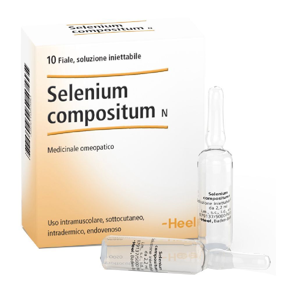 Scatola con 10 fiale. Scritta: Selenium compositum N, Medicinale omeopatico. Tre fiale sono visibili.