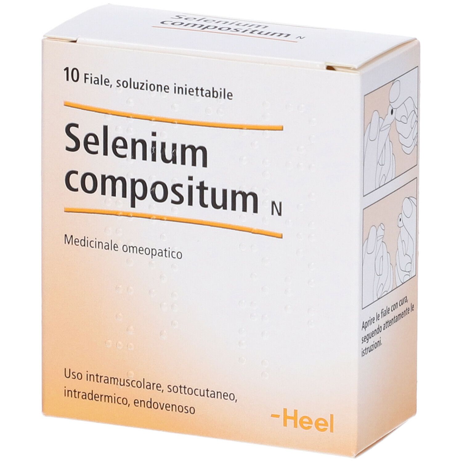 Scatola bianca con scritta: Selenium compositum N, 10 fiale, soluzione iniettabile. Logo Heel.