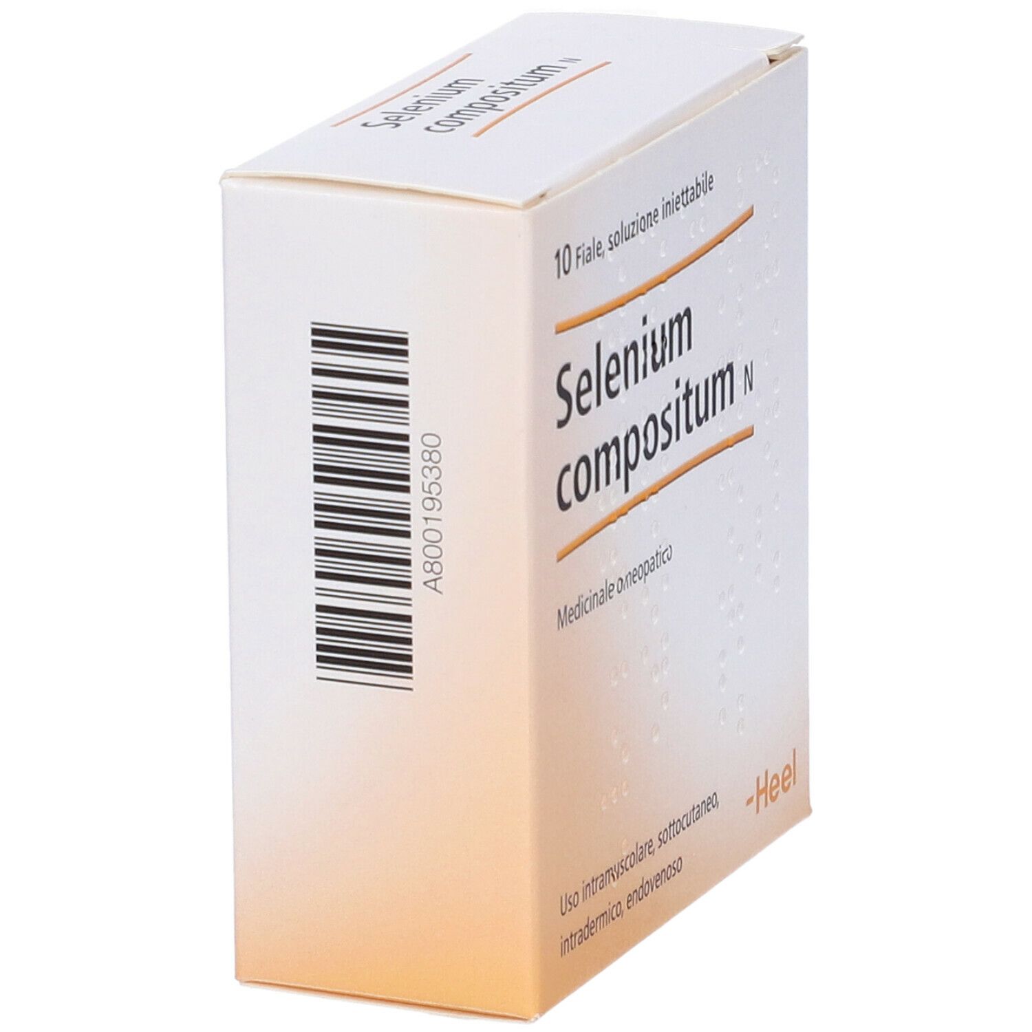 Scatola bianca con codice a barre e scritta: Selenium compositum N, 10 fiale, soluzione iniettabile. Logo Heel.