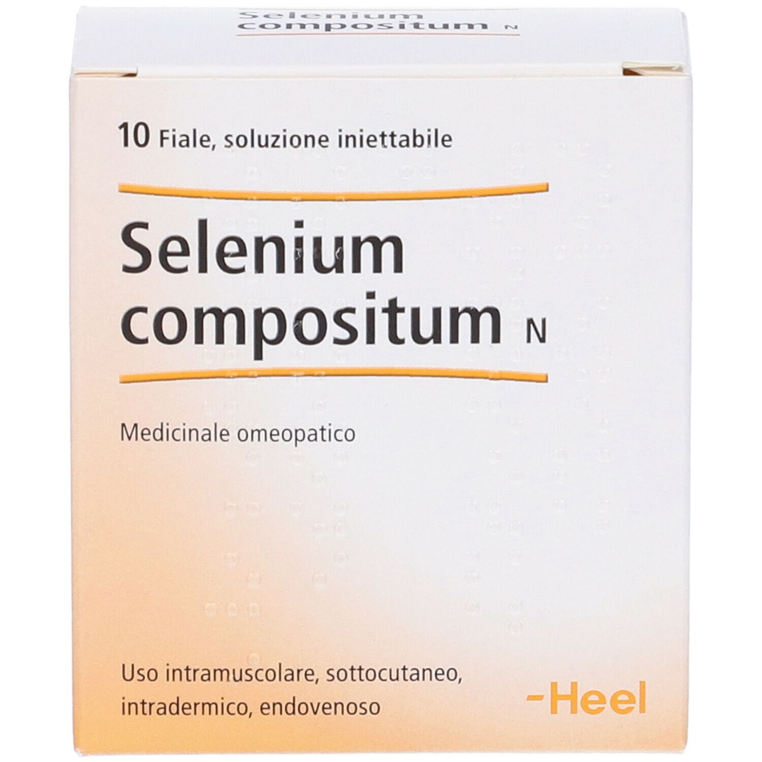 Scatola bianca con scritta: Selenium compositum N, 10 fiale, soluzione iniettabile. Logo Heel.