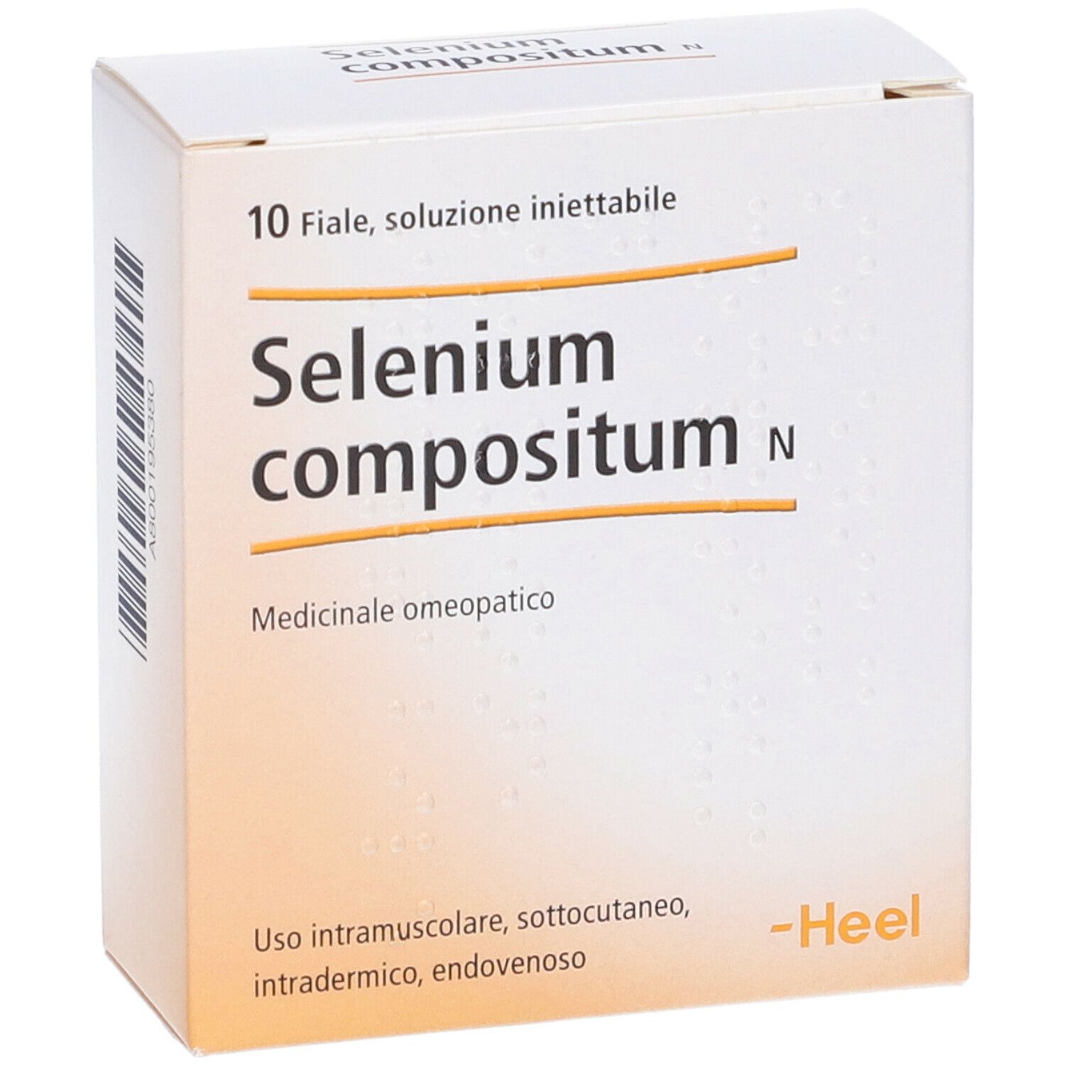 Scatola bianca con scritta: Selenium compositum N, 10 fiale, soluzione iniettabile. Logo Heel.