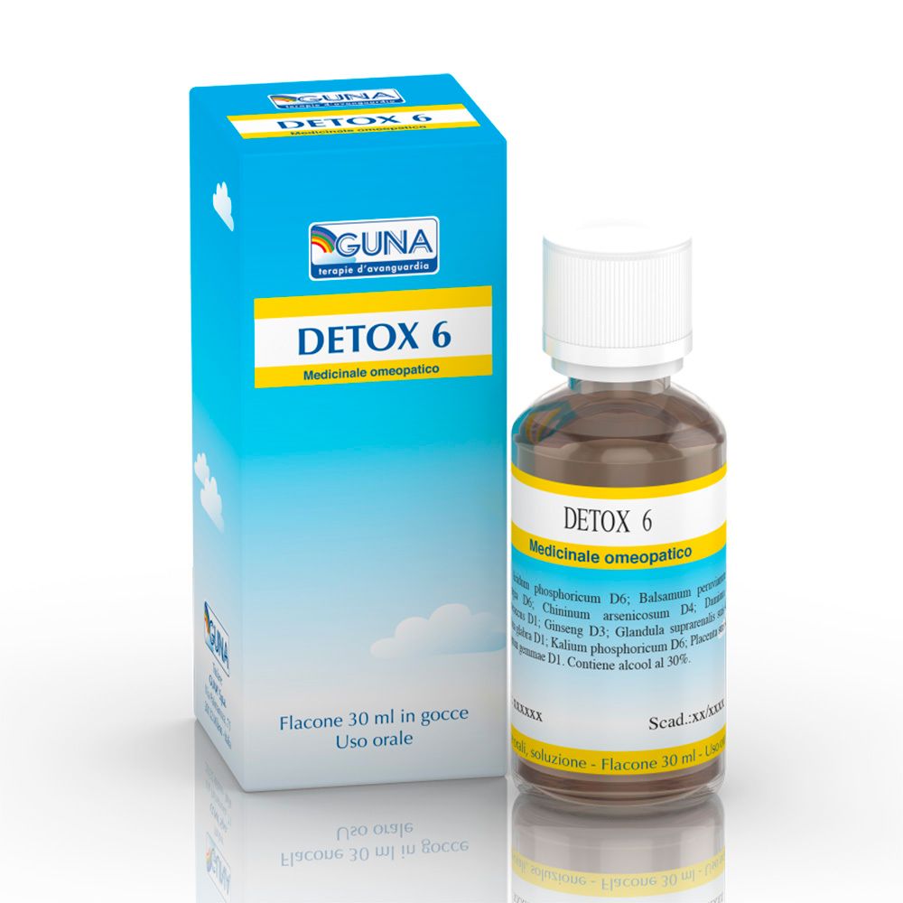 Scatola e flacone blu e bianchi. Sulla scatola c'è scritto "DETOX 6". Flacone con etichetta gialla, "DETOX 6" e ingredienti.
