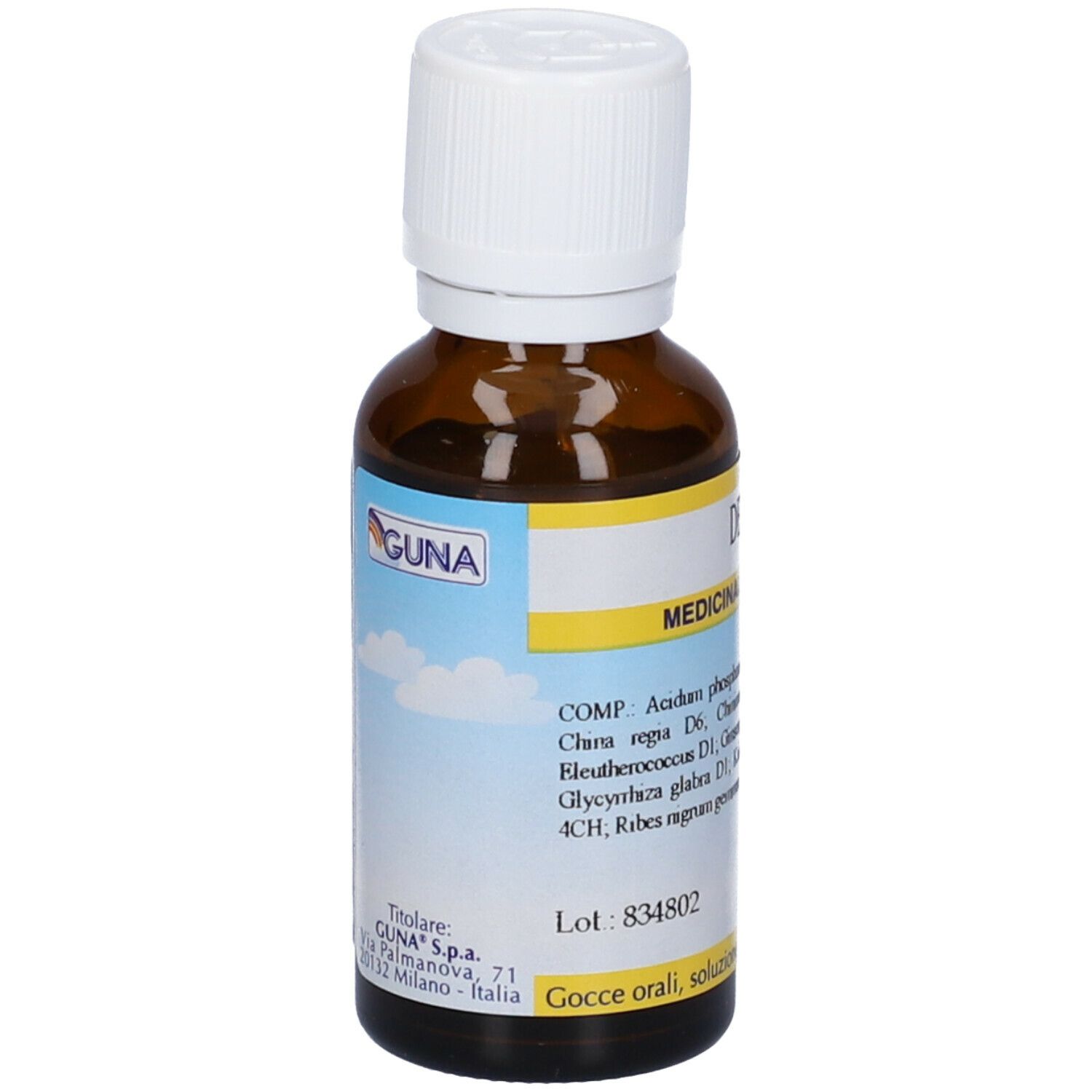 Flacone di vetro marrone con tappo bianco. Etichetta gialla con "DETOX 6" e ingredienti. Marchio GUNA.
