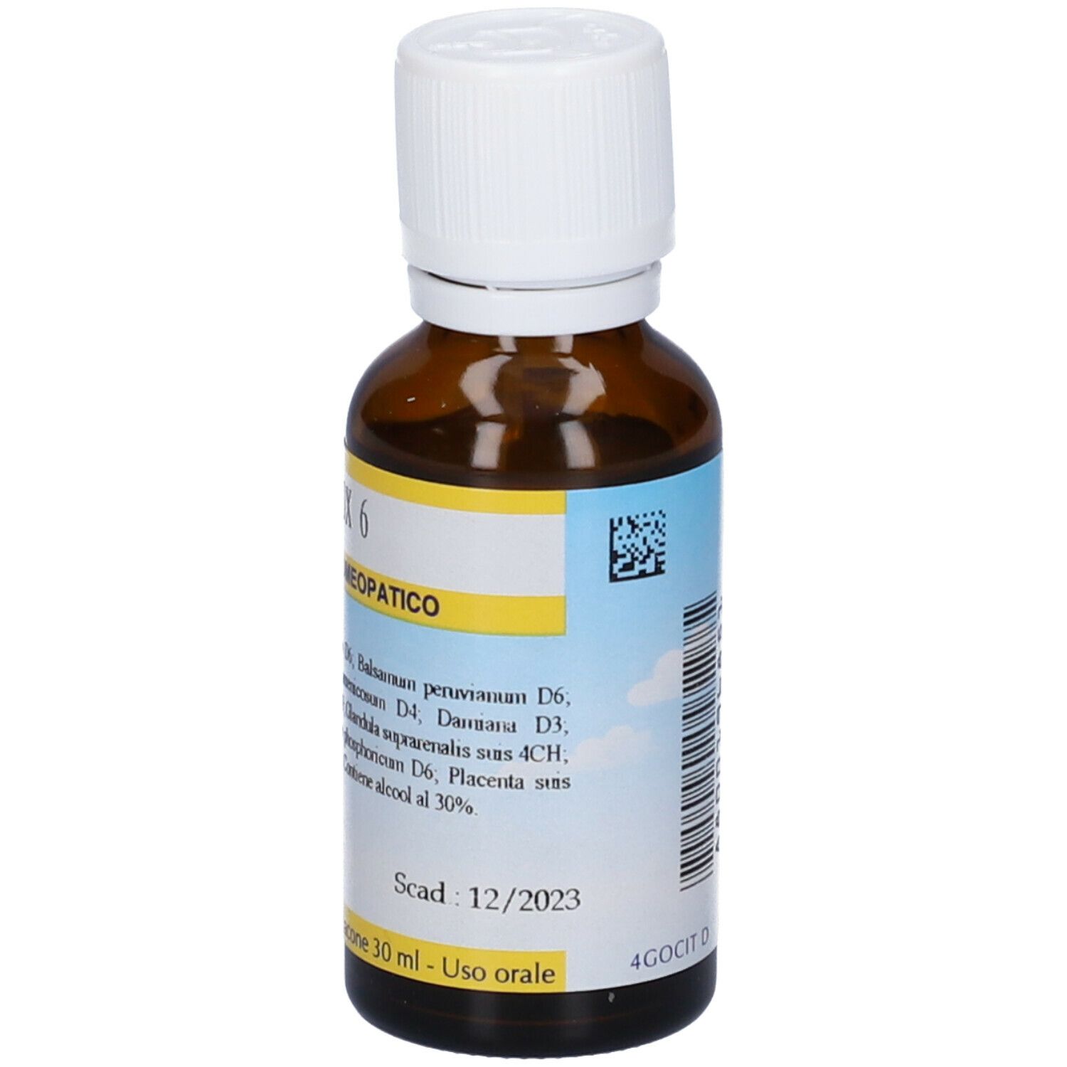 Flacone di vetro marrone con tappo bianco. Etichetta gialla con "DETOX 6" e ingredienti. Scadenza 12/2023.