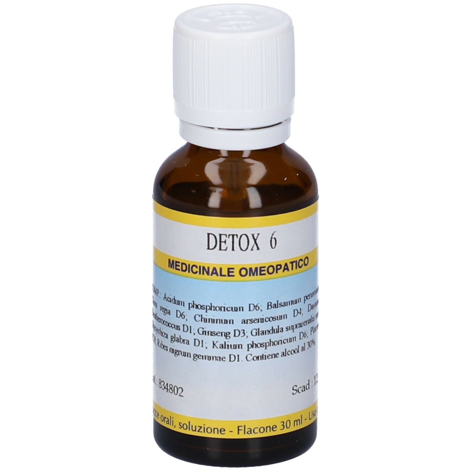 Flacone di vetro marrone con tappo bianco. Etichetta gialla con "DETOX 6" e ingredienti. Marchio GUNA.