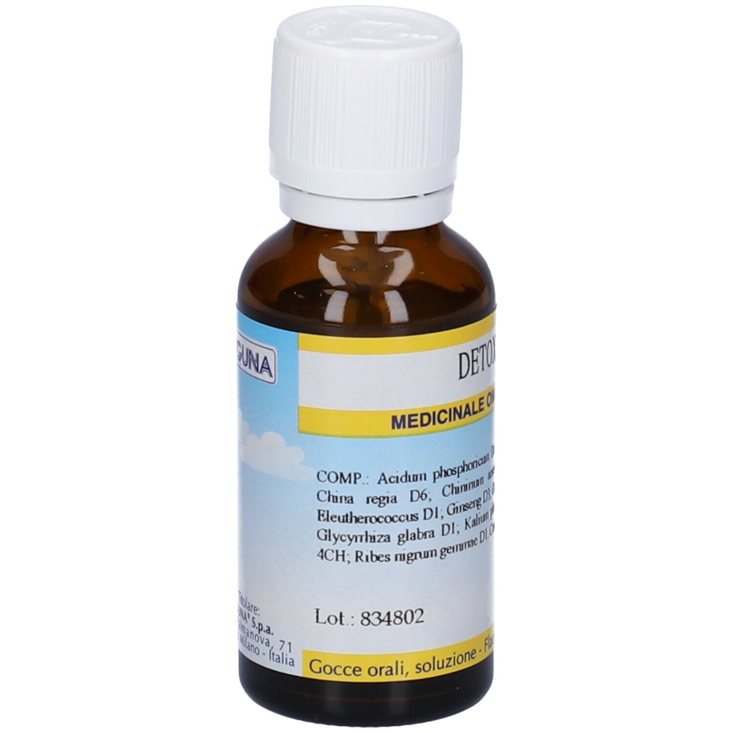 Flacone di vetro marrone con tappo bianco. Etichetta gialla con "DETOX 6" e ingredienti. Numero di lotto.