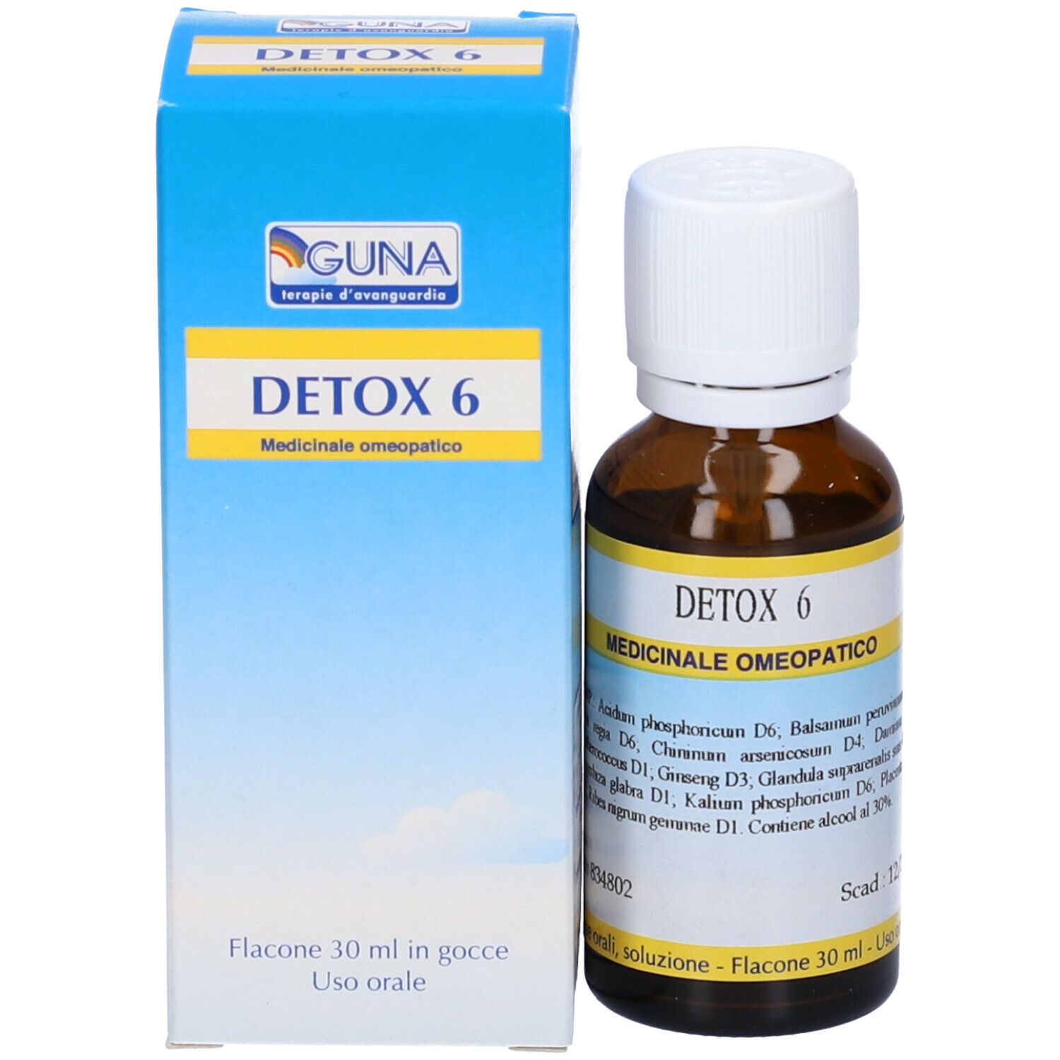 Scatola e flacone blu e bianchi. Sulla scatola c'è scritto "DETOX 6". Flacone con etichetta gialla, "DETOX 6" e ingredienti.