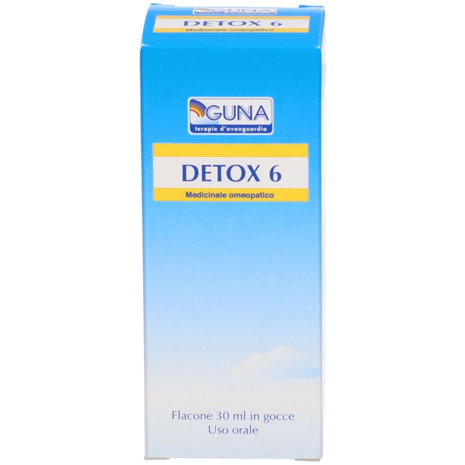 Scatola blu e bianca con "DETOX 6" e marchio GUNA. Testo: Uso orale.