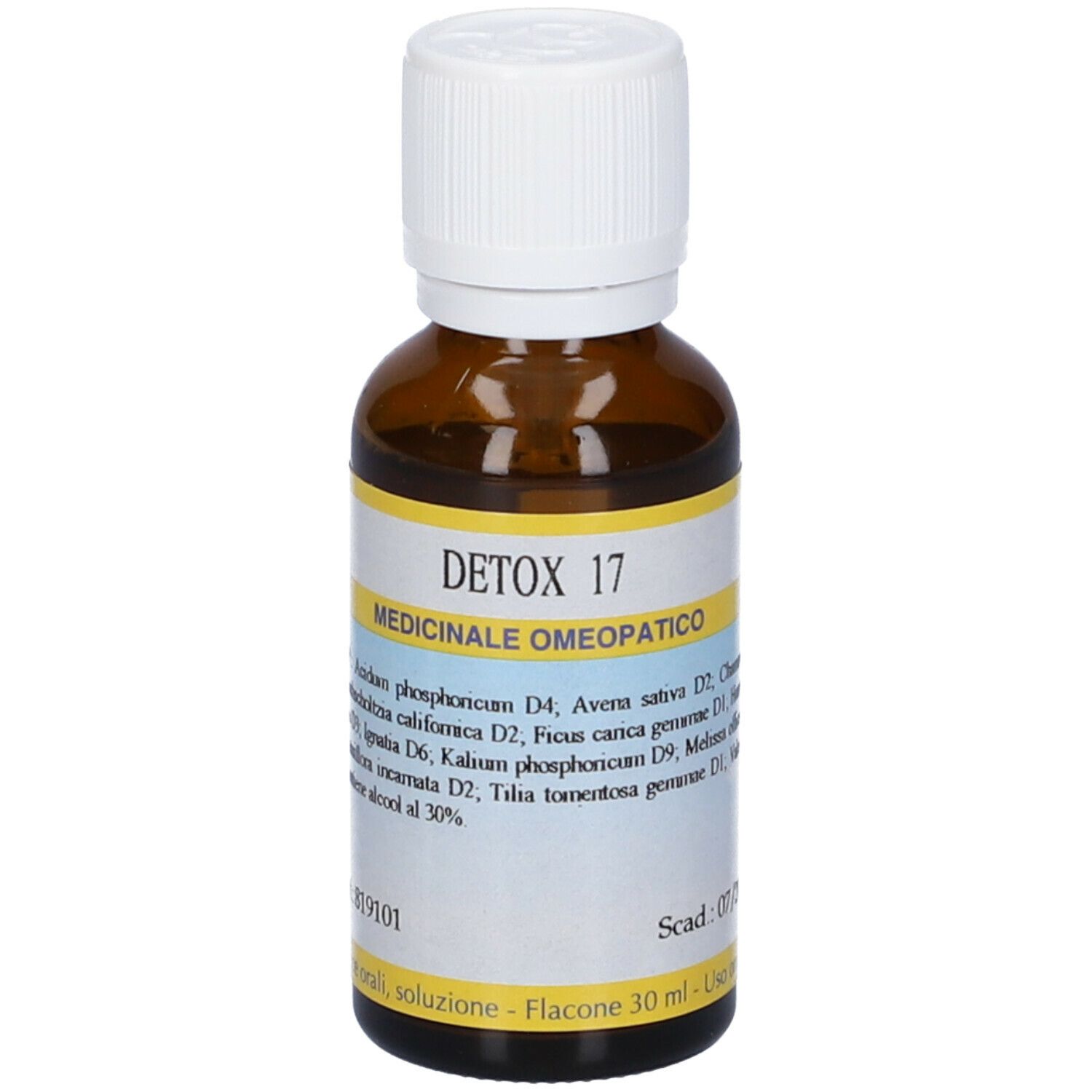 Flacone di vetro marrone con tappo bianco. Scritta: Detox 17, Medicinali, ingredienti, 30 ml.