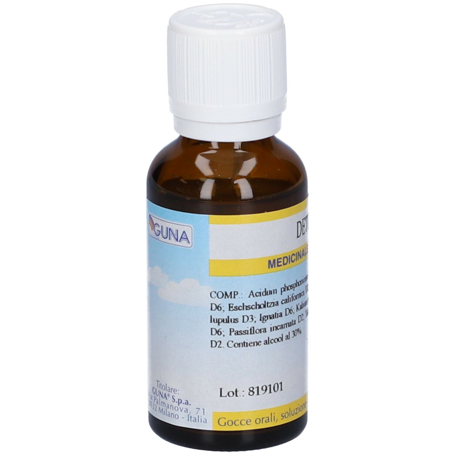 Flacone di vetro marrone con tappo bianco. Scritta: Detox 17, Medicinali, ingredienti, 30 ml.