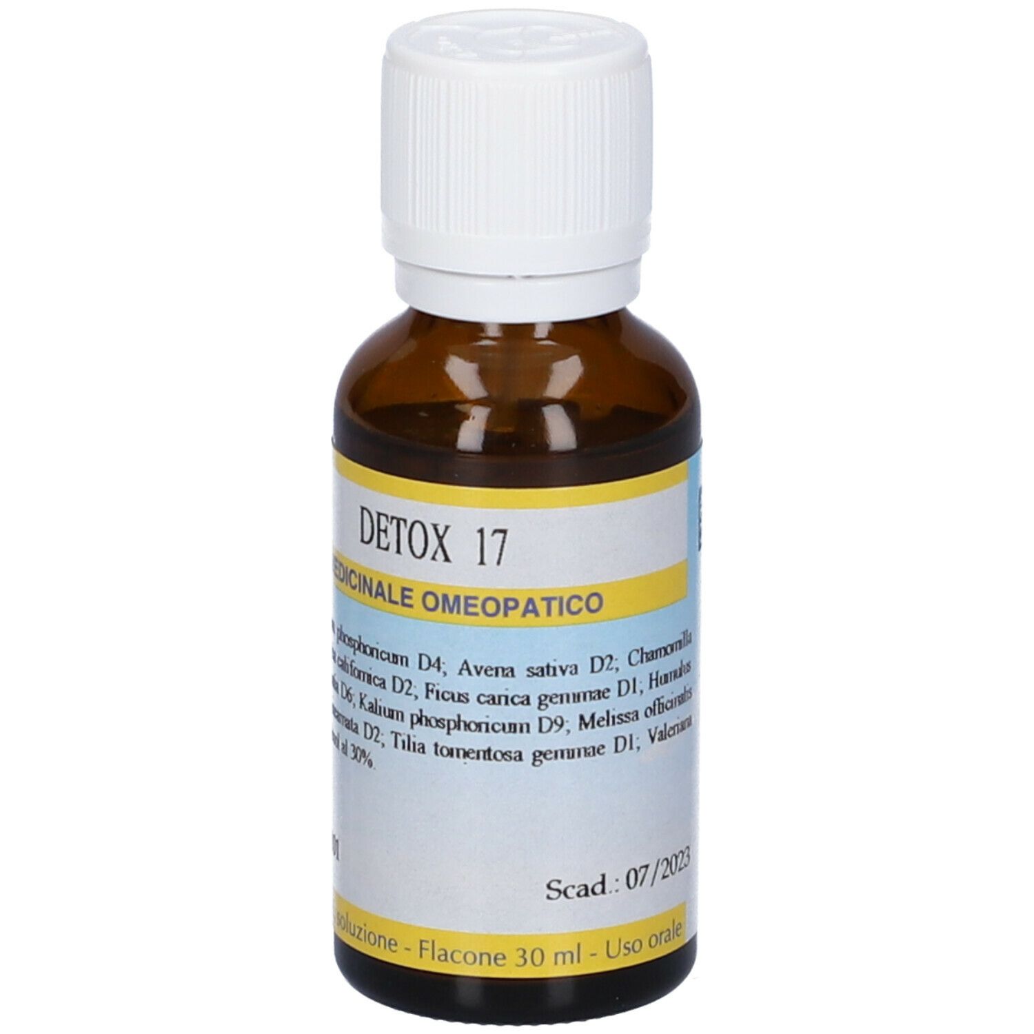 Flacone di vetro marrone con tappo bianco. Scritta: Detox 17, Medicinali, ingredienti, data di scadenza.