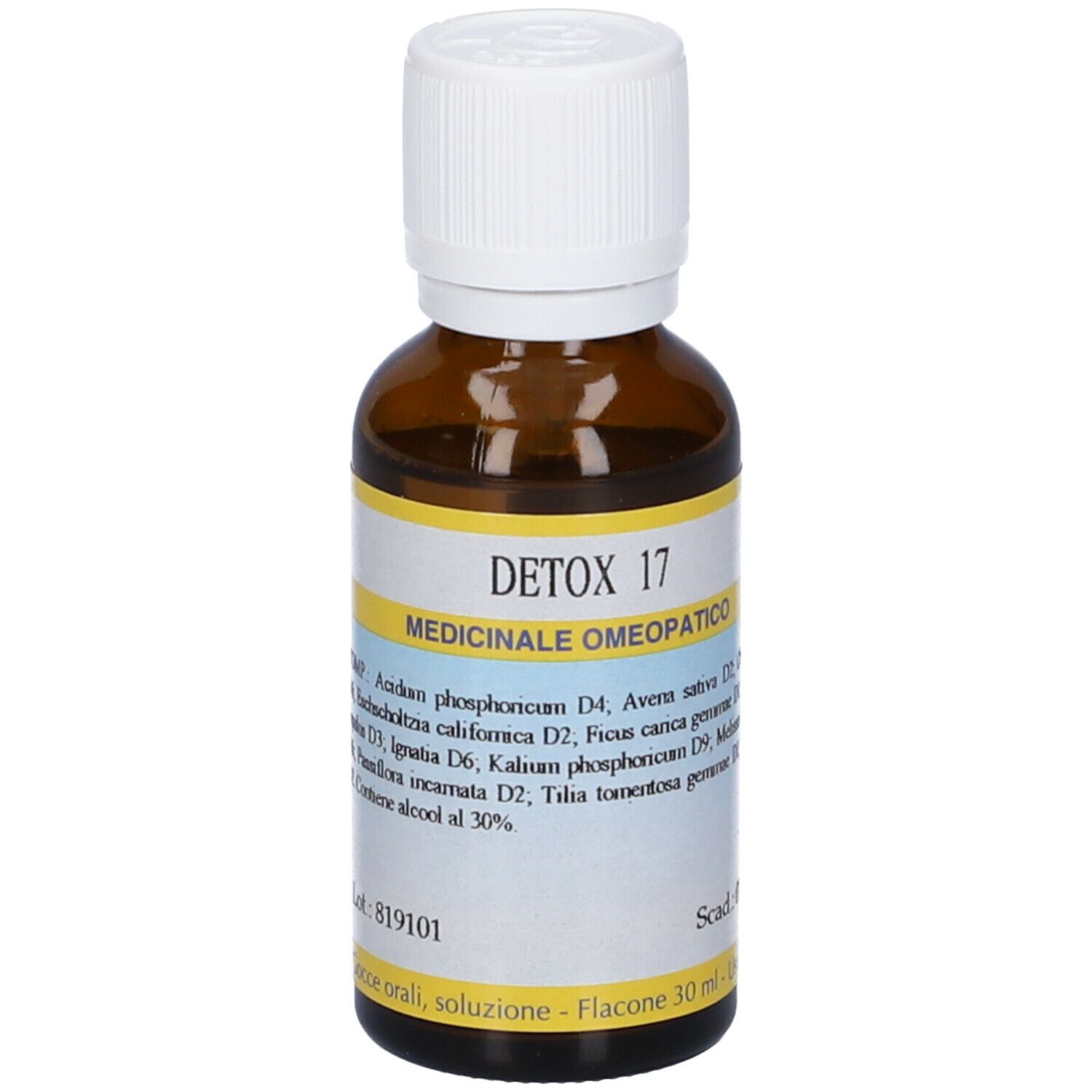 Flacone di vetro marrone con tappo bianco. Scritta: Detox 17, Medicinali, ingredienti, data di scadenza.