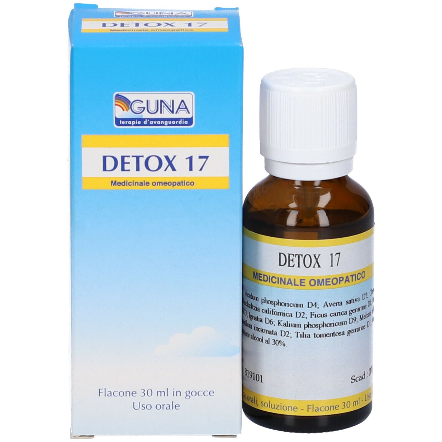 Flacone di vetro marrone con tappo bianco e confezione blu. Scritta: Detox 17, Medicinali, 30 ml.
