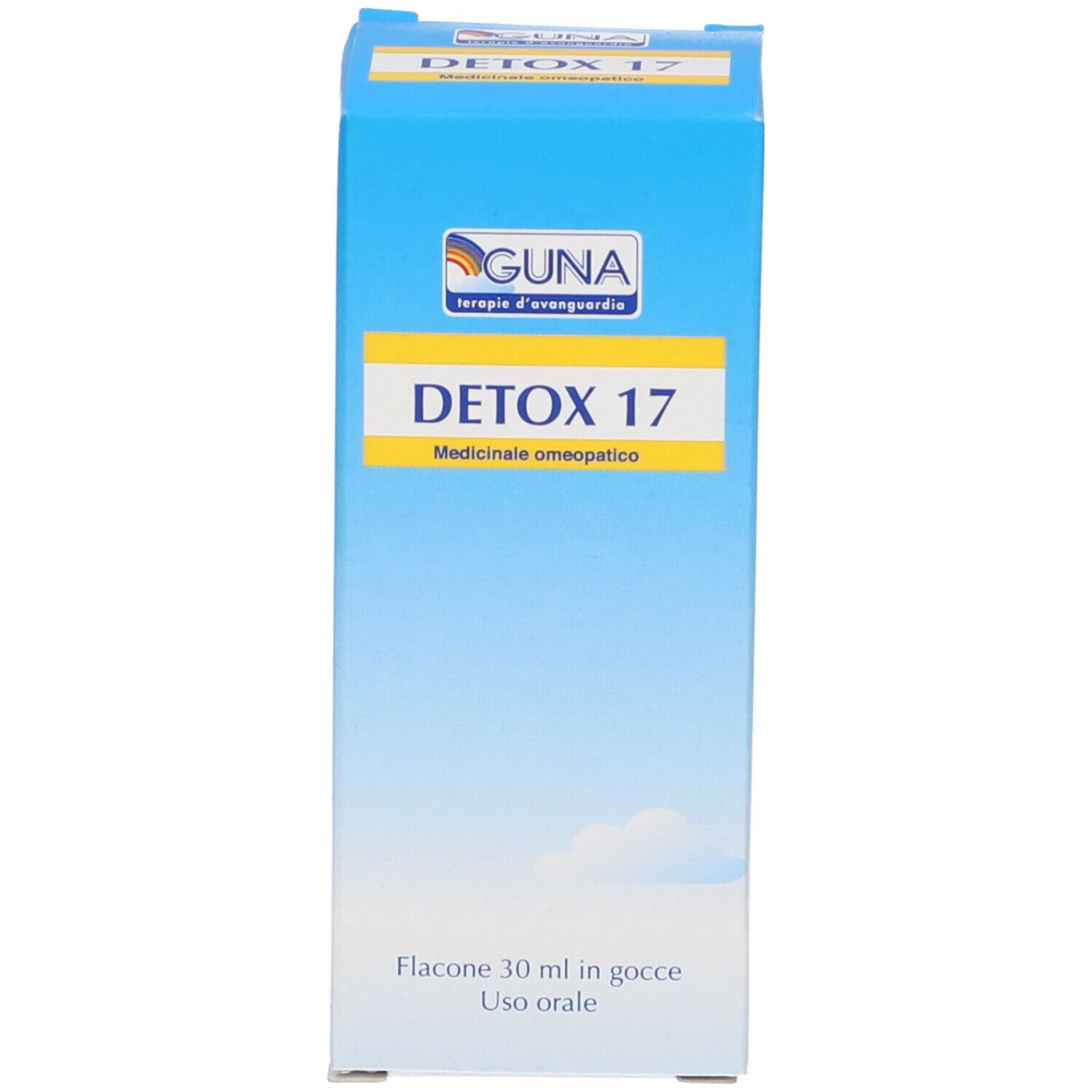 Confezione blu con scritta: Detox 17, Medicinali, 30 ml. Logo GUNA.