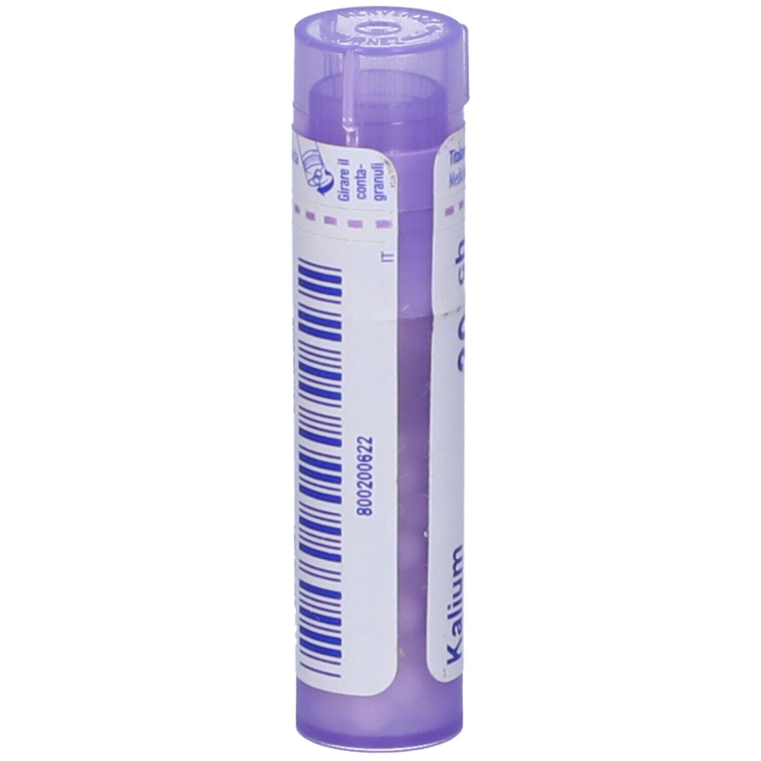 Confezione cilindrica viola. Scritta: Kalium arsenicosum 30 ch. Retro con codice a barre e testo.