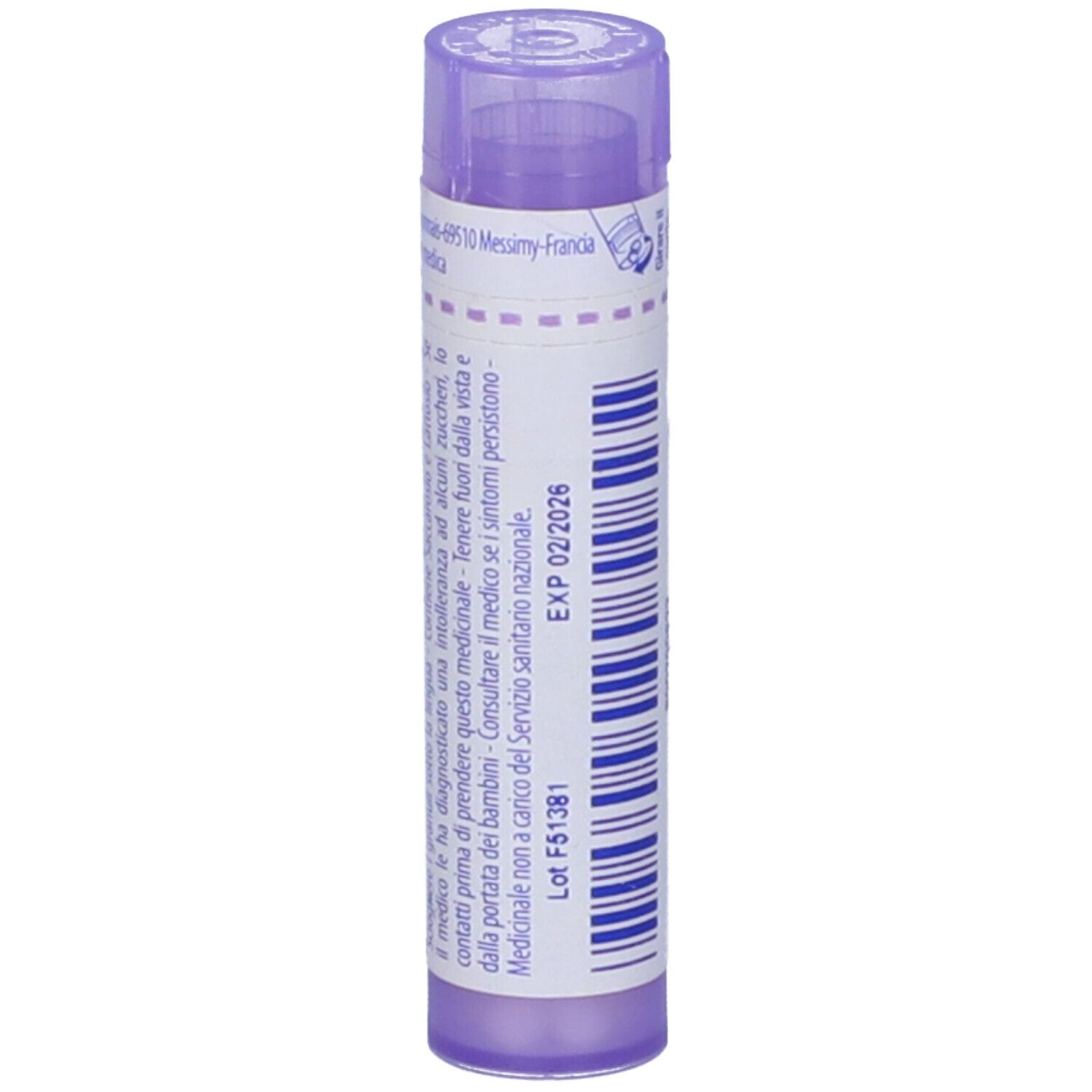 Confezione cilindrica viola. Scritta: Kalium arsenicosum 30 ch. Retro con testo e data di scadenza.