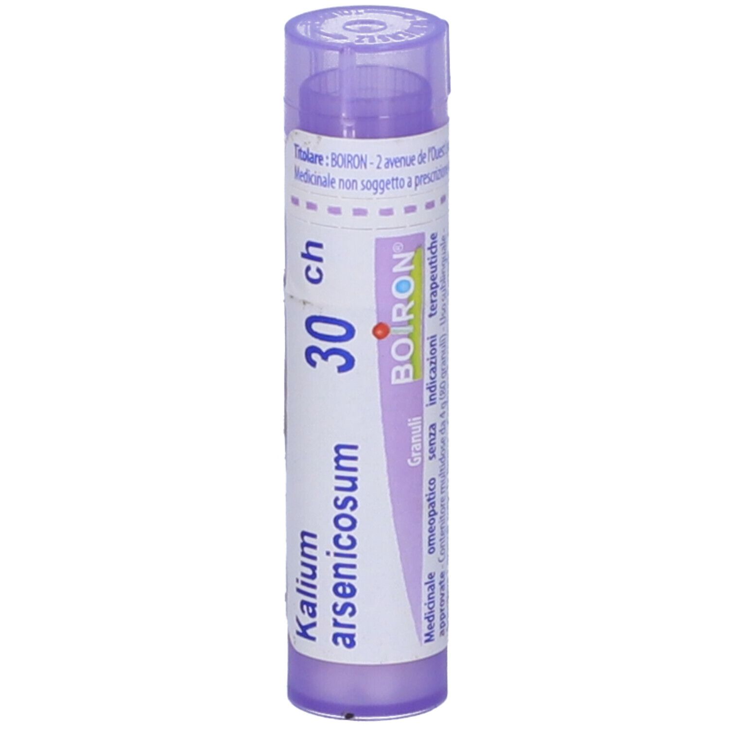 Confezione cilindrica viola. Scritta: Kalium arsenicosum 30 ch, BOIRON. Etichetta con informazioni.