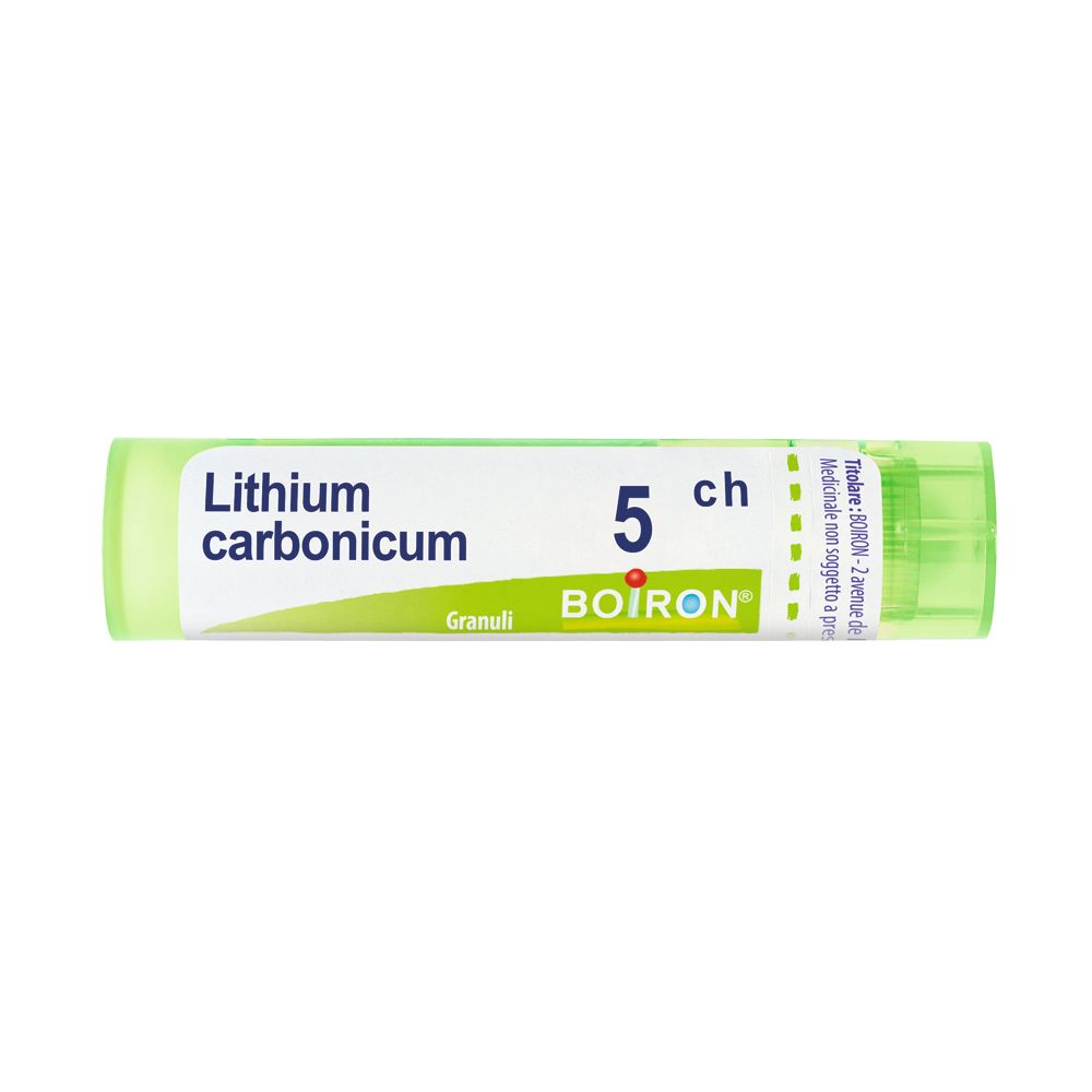 Tubo verde con etichetta bianca. Scritta: Lithium carbonicum 5 ch Granuli. Marchio: BOIRON.