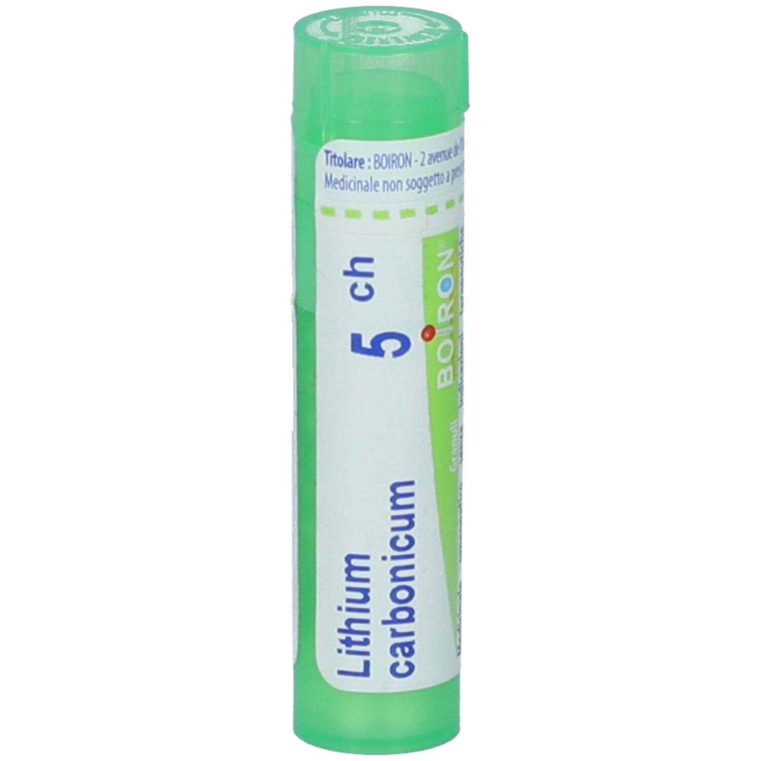 Tubo verde con etichetta bianca. Scritta: Lithium carbonicum 5 ch. Marchio: BOIRON. Vista verticale.