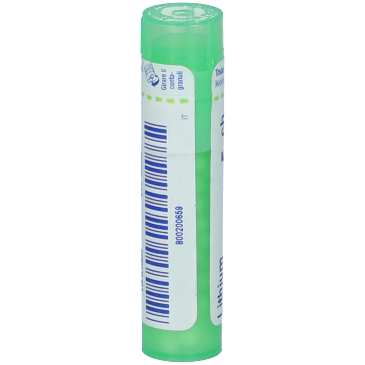 Tubo verde con etichetta bianca. Scritta: Lithium carbonicum 5 ch. Marchio: BOIRON. Vista posteriore con codice a barre.
